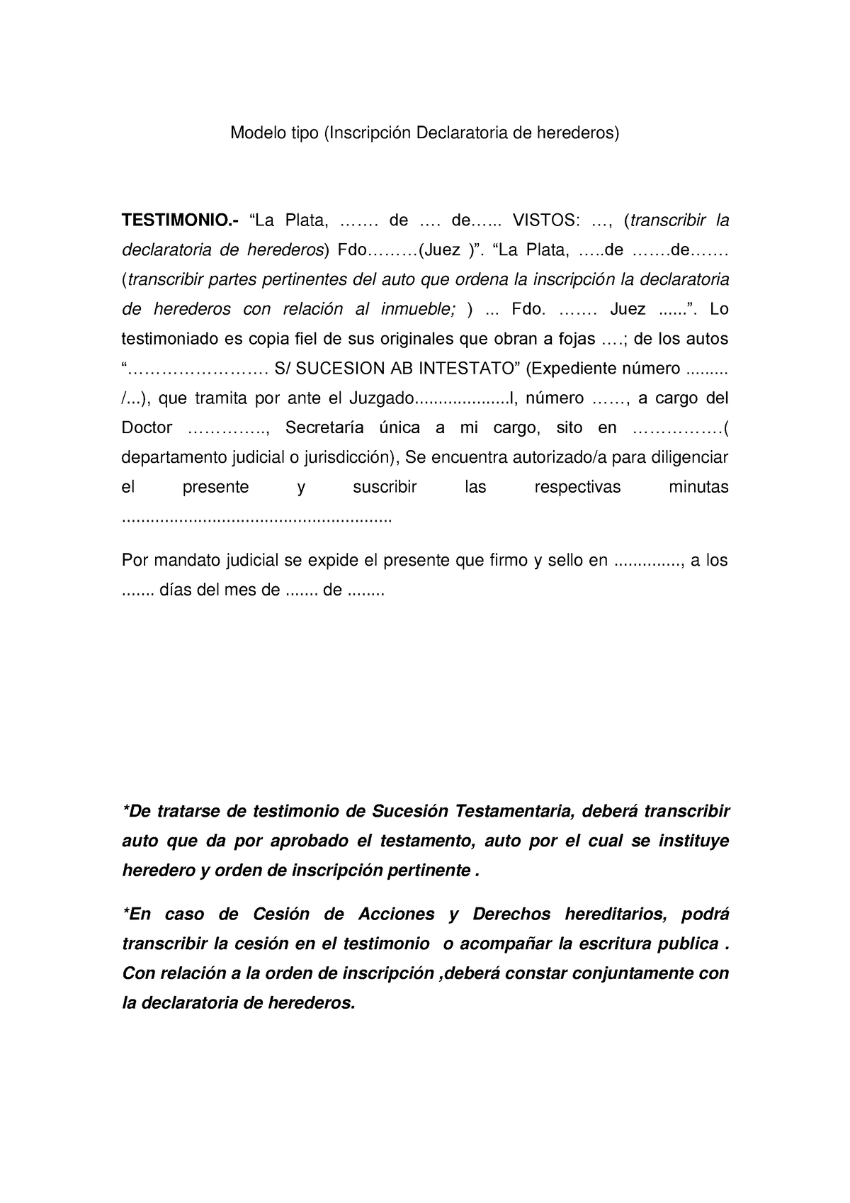 Anexo Iii 2 Testimonio Dh Modelo Tipo Inscripción Declaratoria De Herederos Testimonio “la 2926