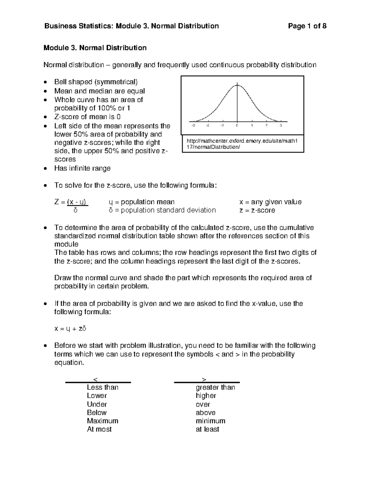 Statistics Module 3 - Module 3. Normal Distribution Normal distribution ...