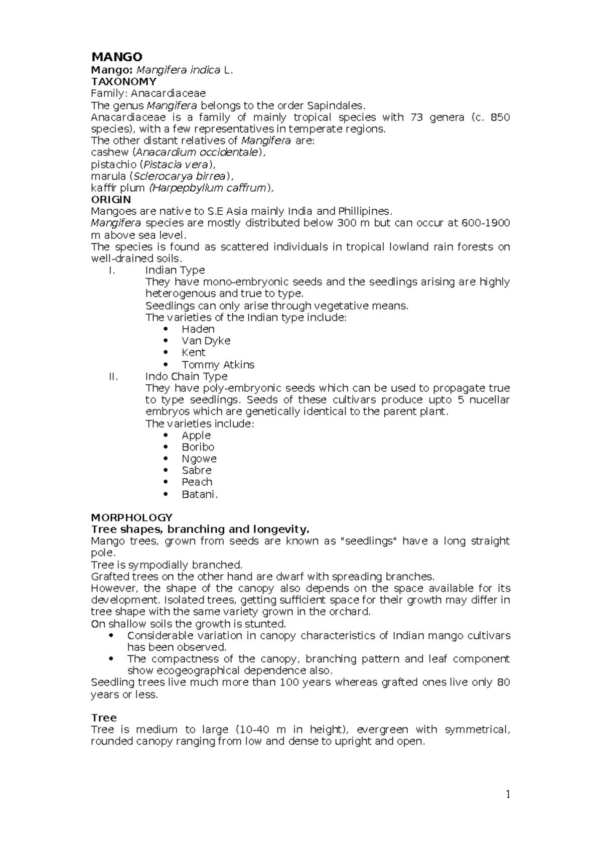 Mango Prodn 3 notes MANGO Mango Mangifera indica L. TAXONOMY Family