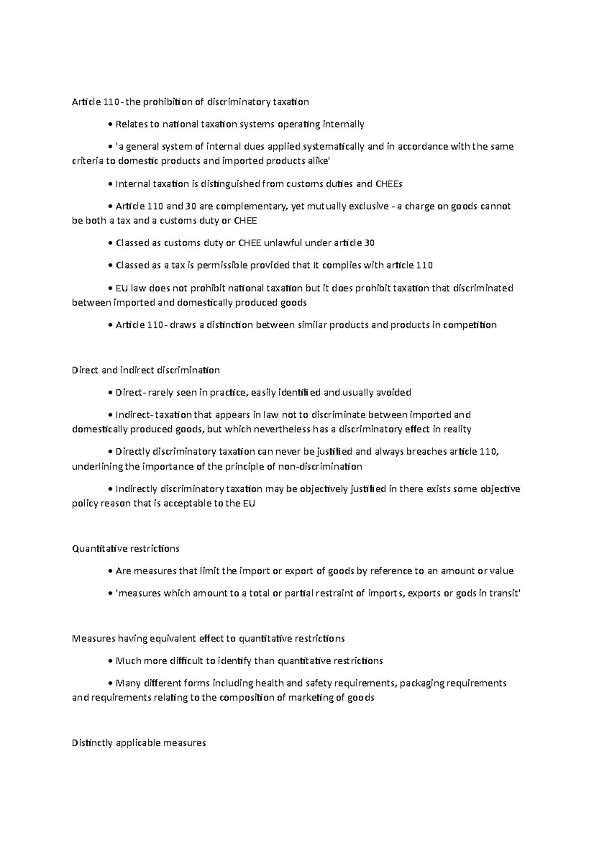 Topic 5 - notes - Article 110- the prohibition of discriminatory ...