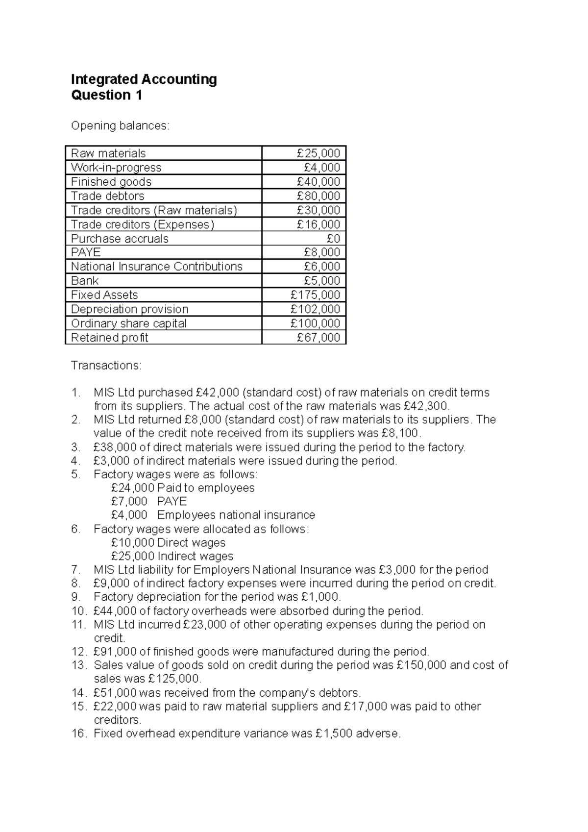 Integrated Accounting Question 1 - Integrated Accounting Question 1 ...