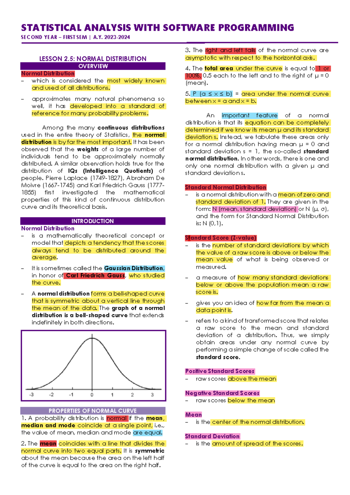 Normal Distribution - SECOND YEAR – FIRST SEM | A. 2023- 2024 LESSON 2 ...
