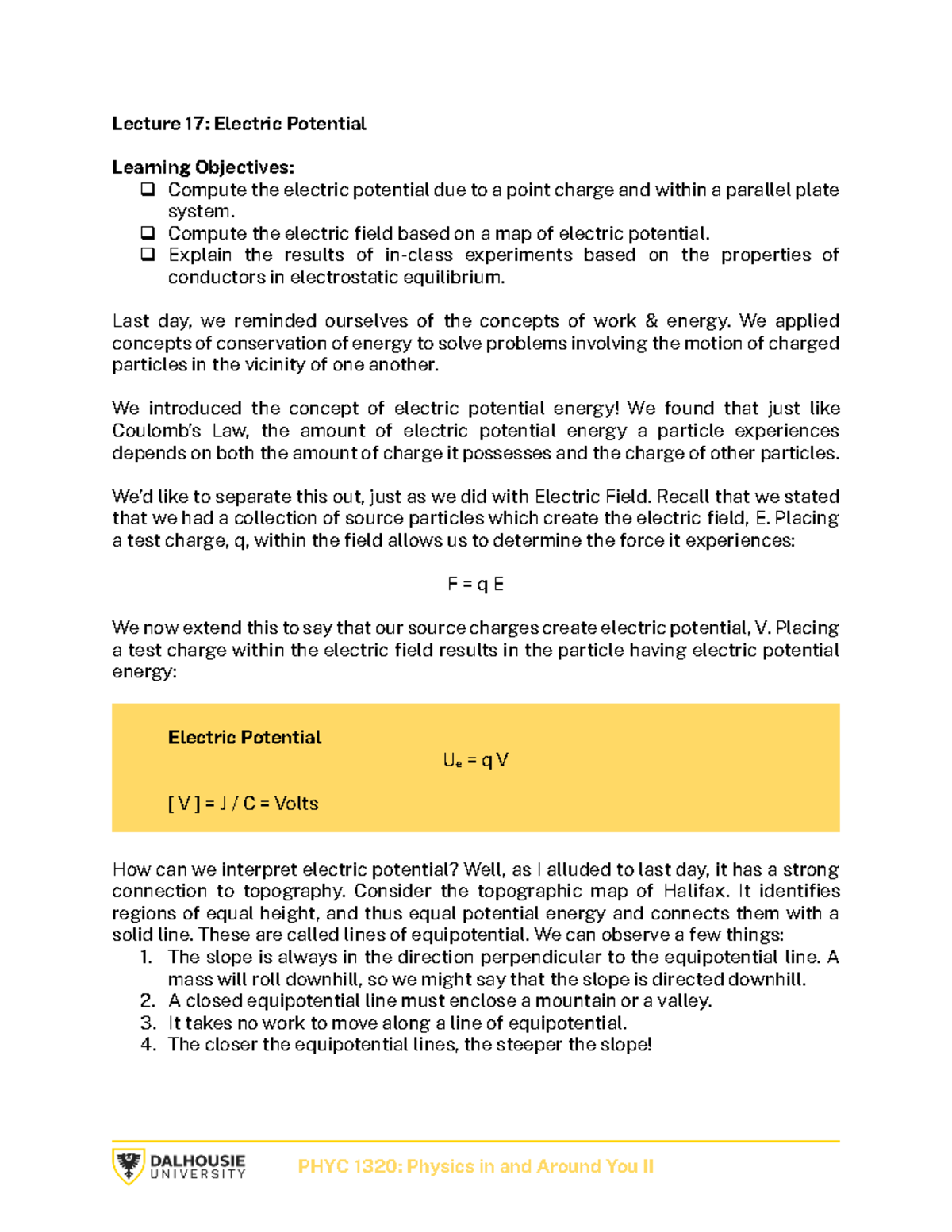 Lecture 17 notes - Lecture 17 : Electric Potential Learning Objectives ...