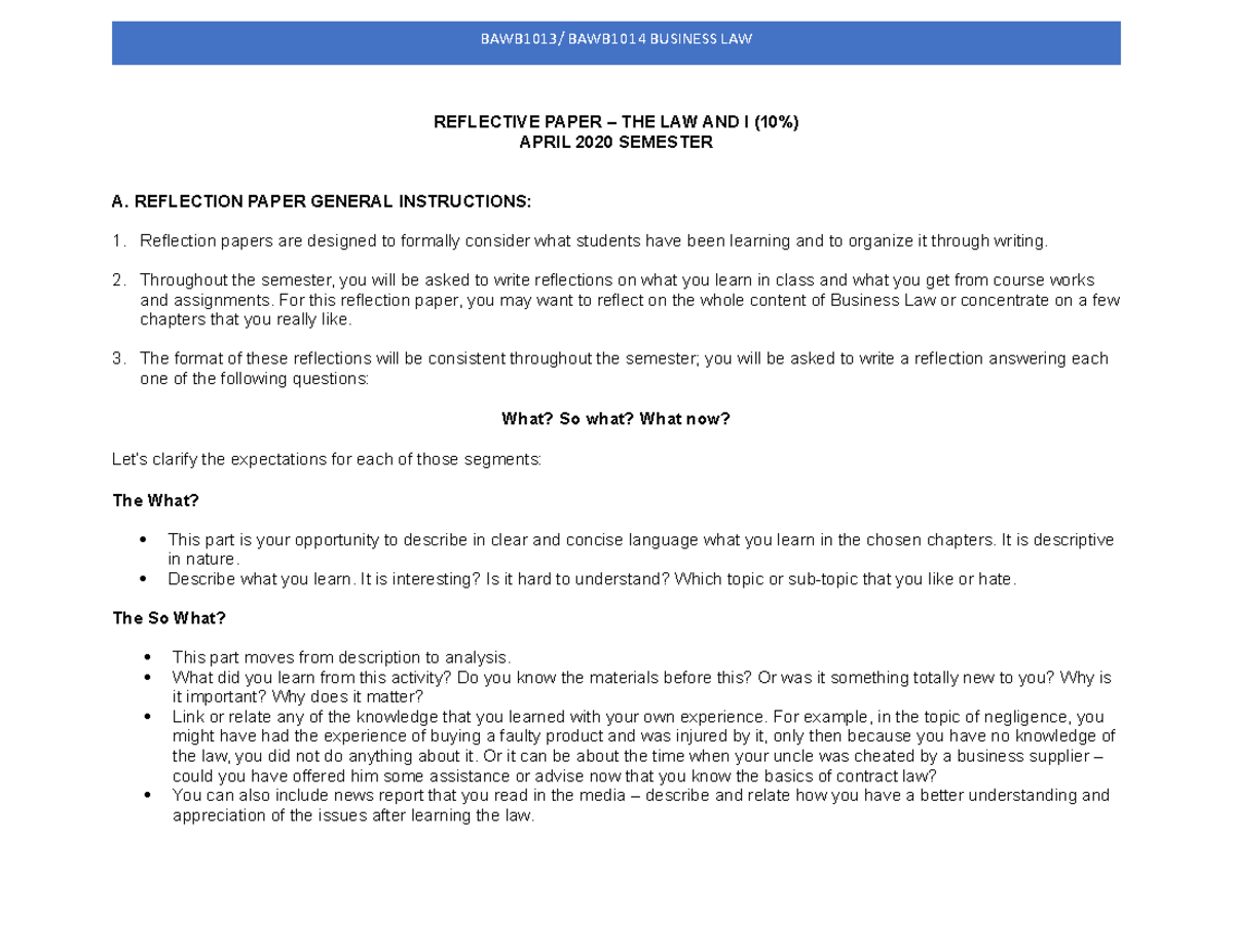 Reflective Paper - REFLECTIVE PAPER – THE LAW AND I (10%) APRIL 2020 ...