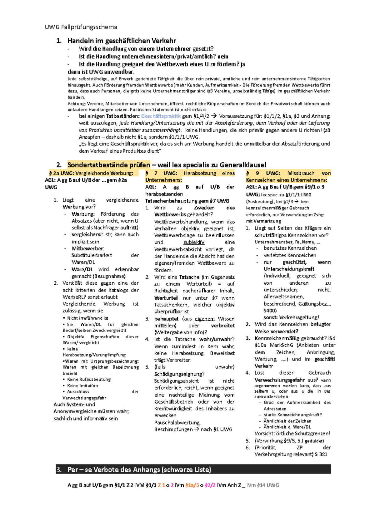 UWG Falllösungsschema - Zusammenfassung - 1. Handeln Im Geschäftlichen ...