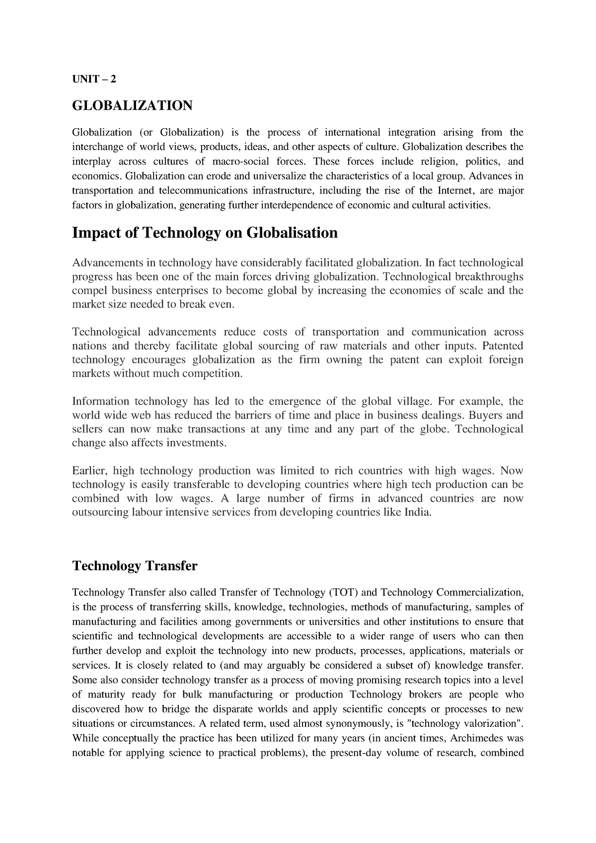 Unit 2 IBM - UNIT – 2 GLOBALIZATION Globalization (or Globalization) Is ...