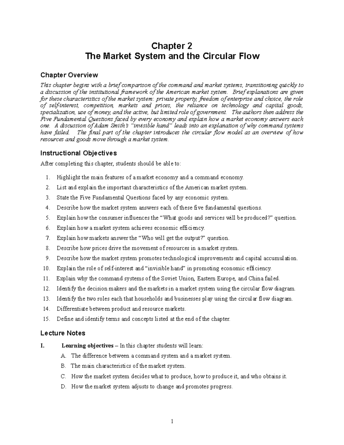 Chapter 2 Notes - 1 Chapter 2 The Market System And The Circular Flow ...