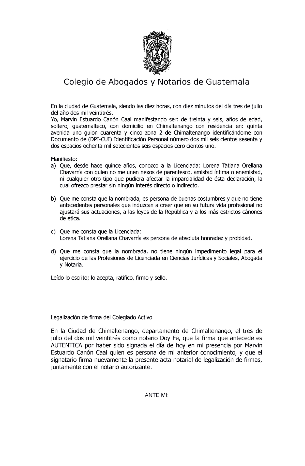 Acta De Declaracion De Testigos Colegio De Abogados Y Notarios De Guatemala En La Ciudad De 4234