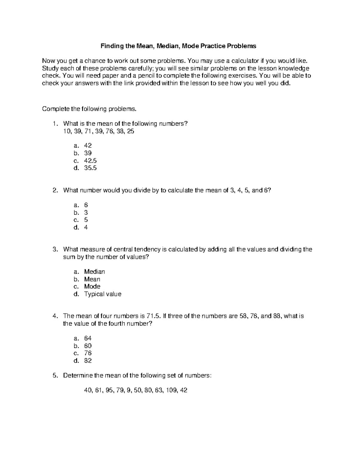 M5 l1 mean median mode practice probs - Finding the Mean, Median, Mode ...