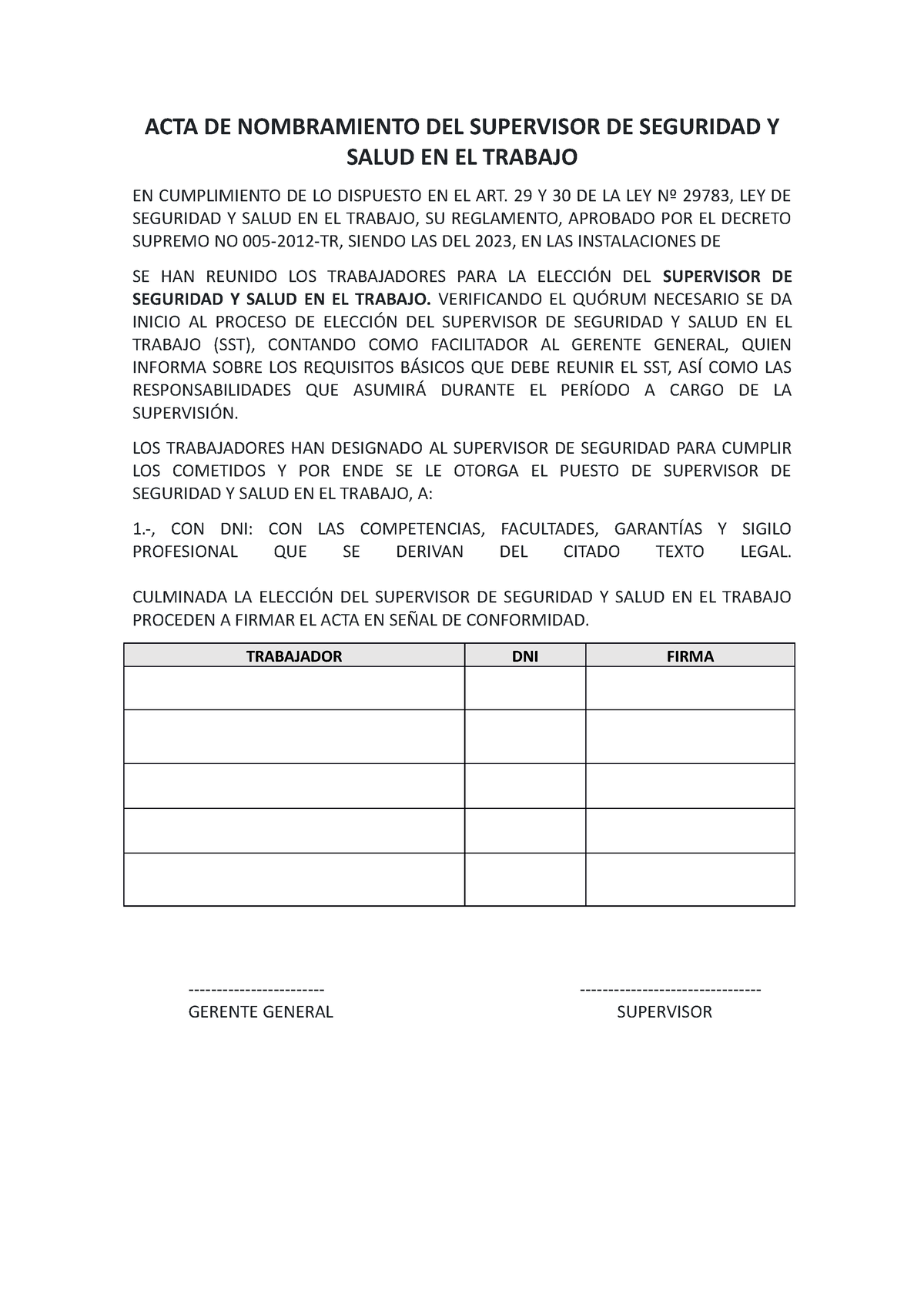 Acta De Nombramiento Del Supervisor De Seguridad Y Salud En El Trabajo