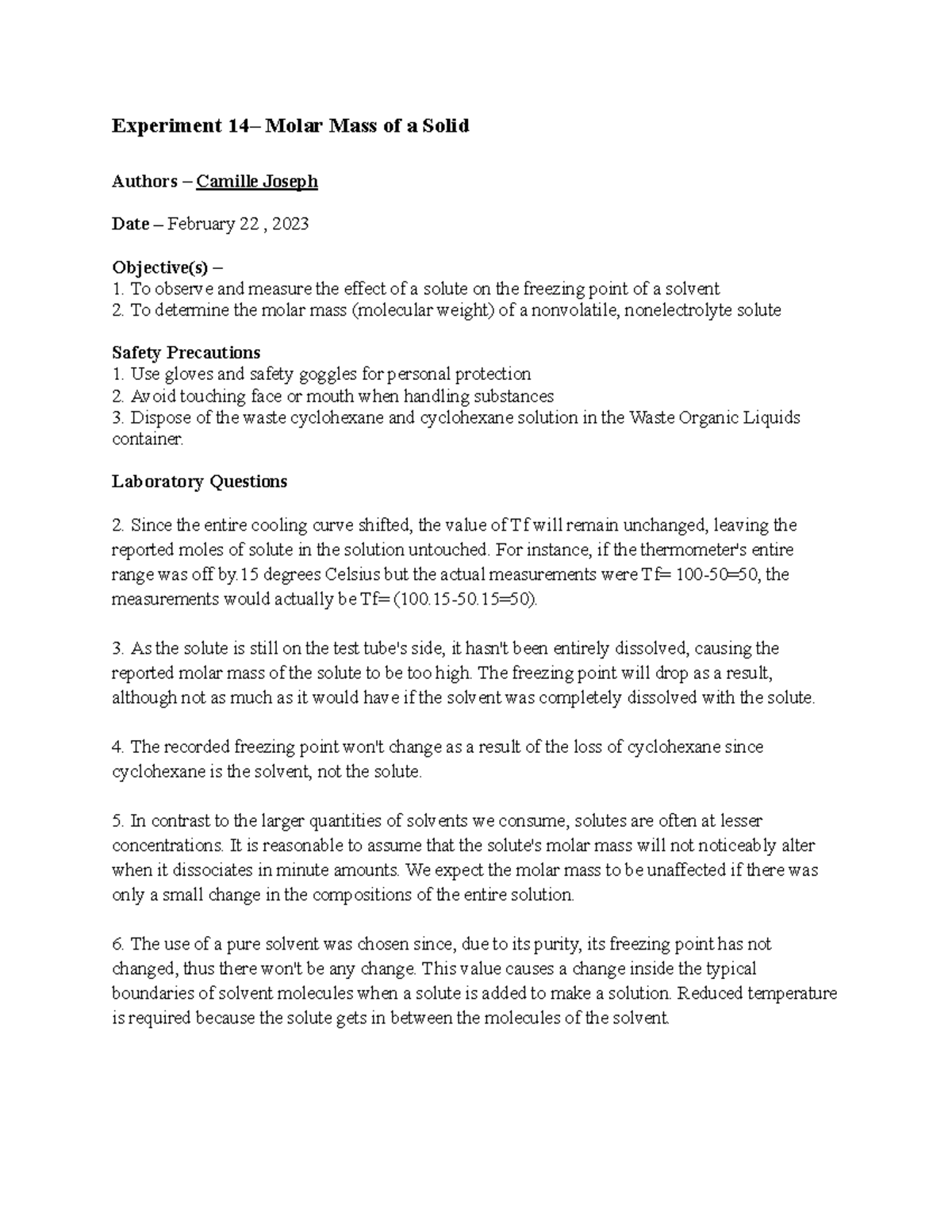 Experiment Molar Mass Of A Solid Laboratory Questions Since The