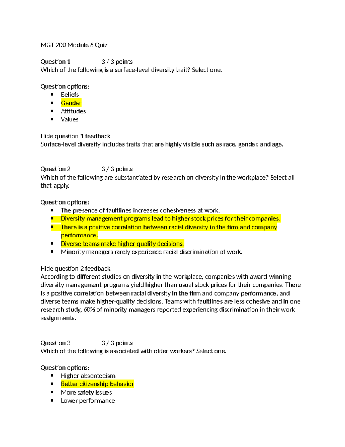 MGT 200 Module 6 Quiz - MGT 200 Module 6 Quiz Question 1 3 / 3 Points ...