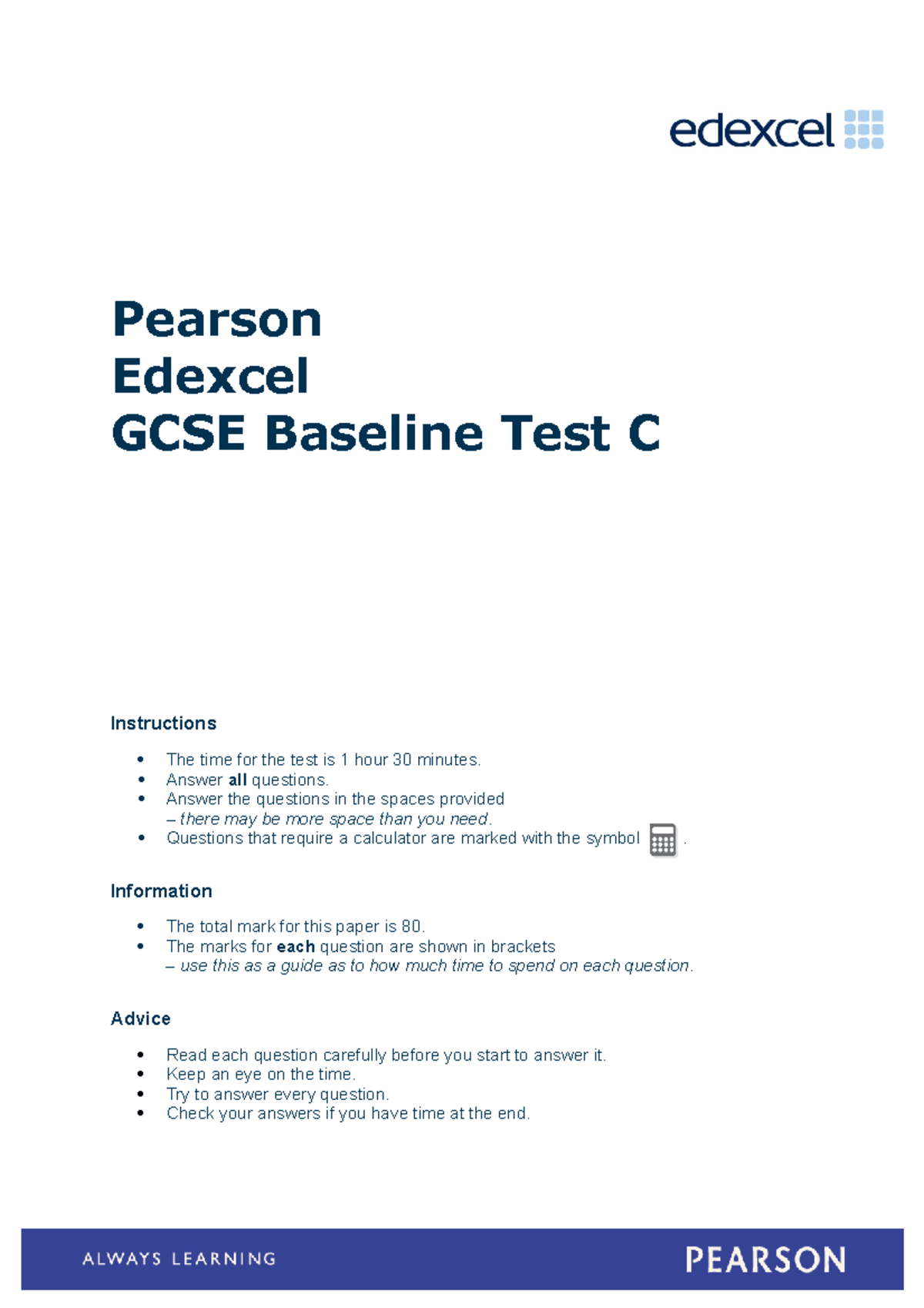 GCSE Maths Baseline Test C - Pearson Edexcel GCSE Baseline Test C ...