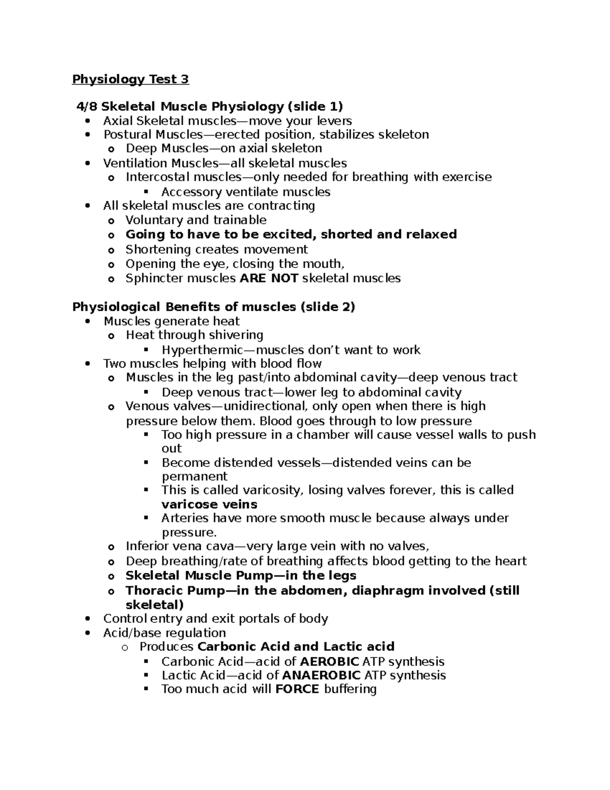 Phsyiology Test 3 Notes - Physiology Test 3 Skeletal Muscle Physiology ...