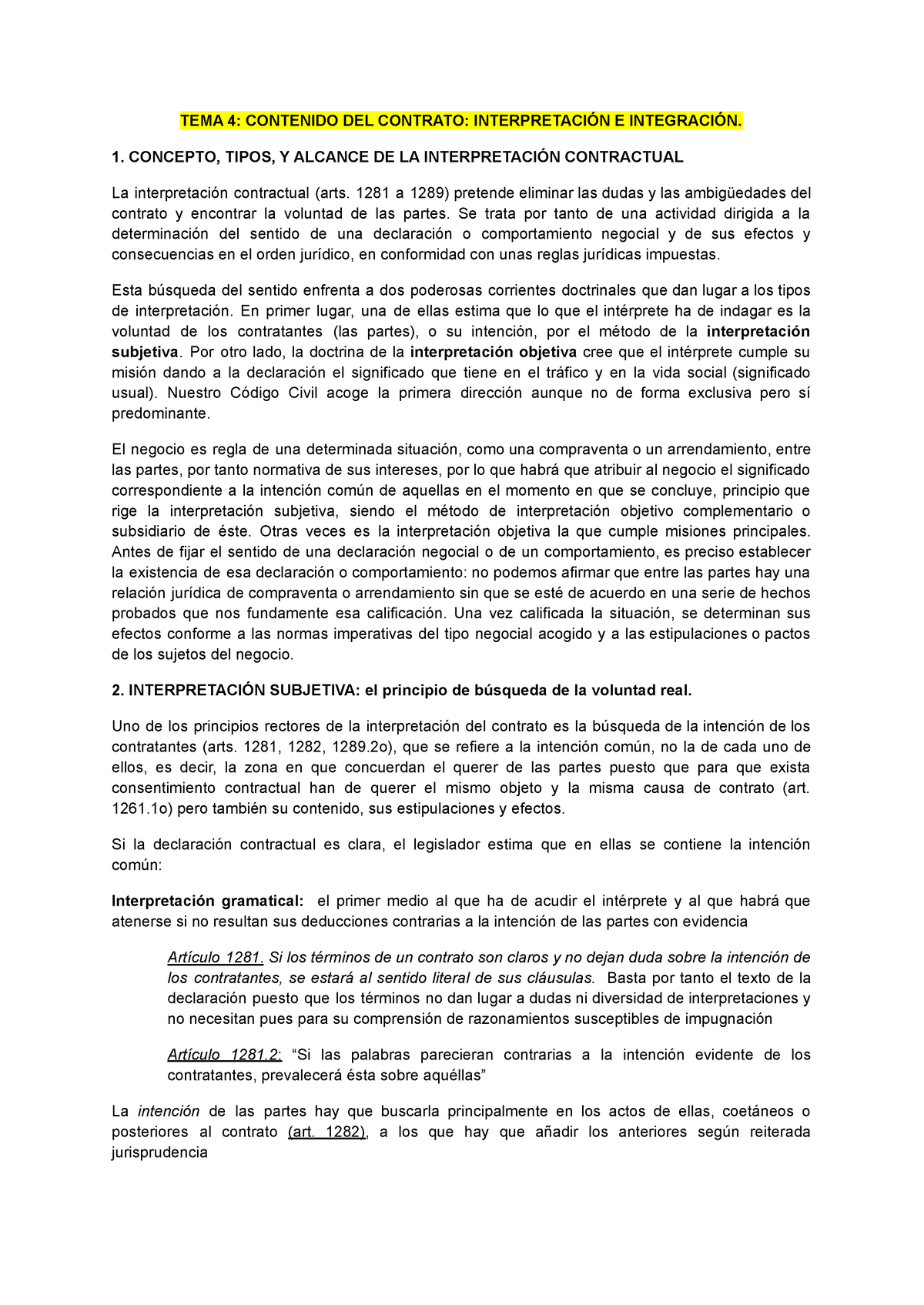 Tema 4 Derecho De Los Contratos 2 Tema 4 Contenido Del Contrato InterpretaciÓn E IntegraciÓn