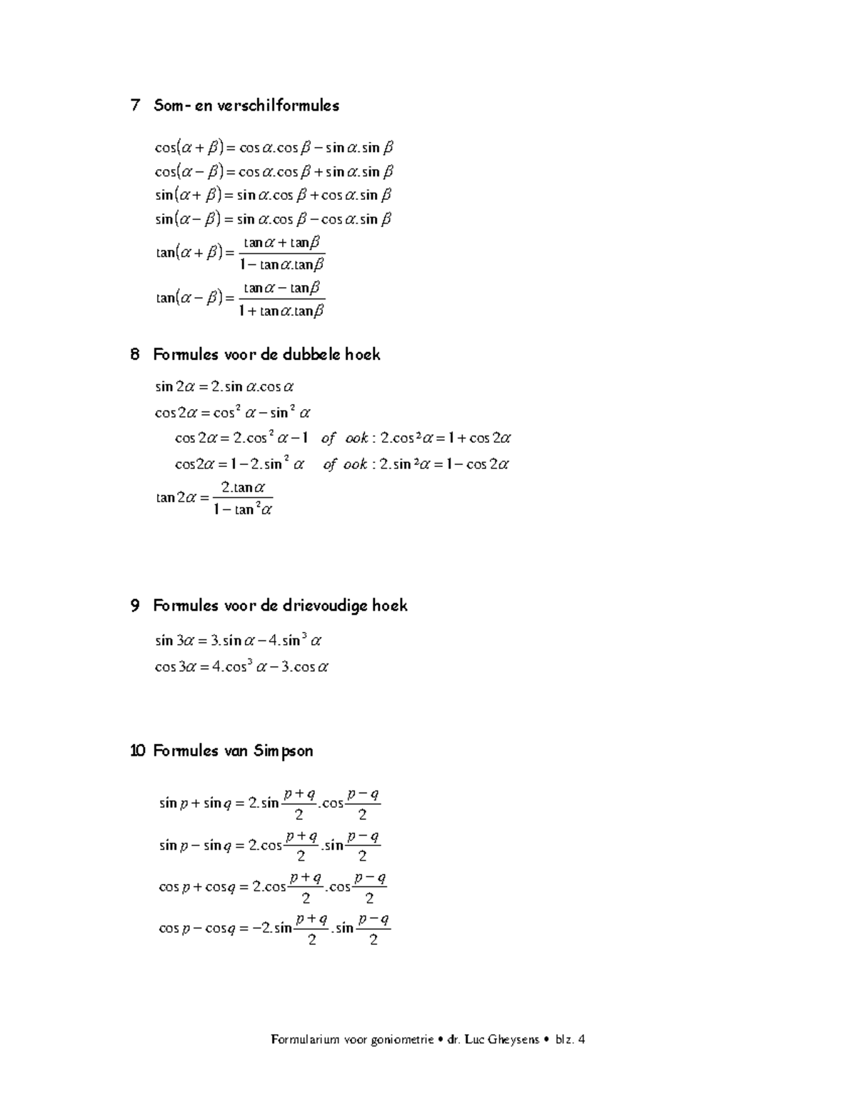 Goniometrische Formules Formularium Voor Goniometrie Dr Luc Gheysens Blz Som En