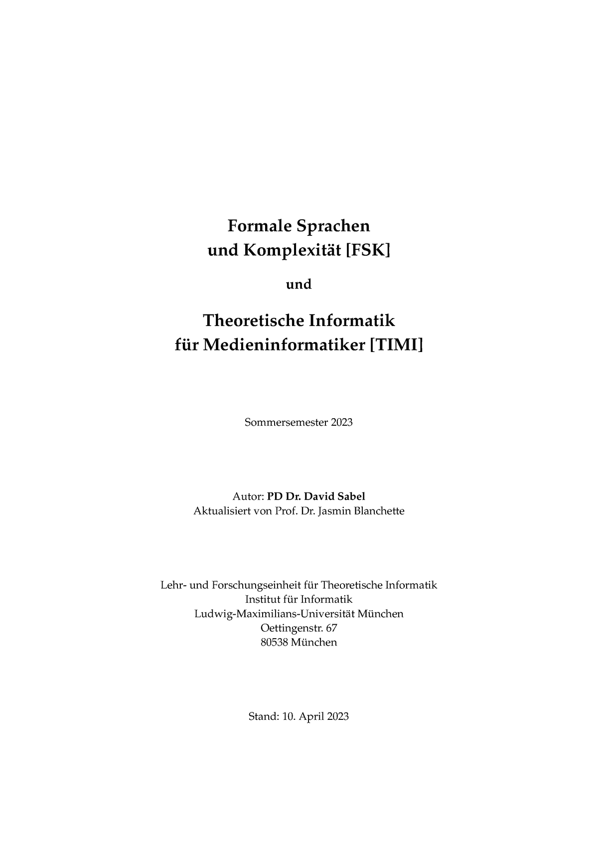 Skript - Formale Sprachen Und Komplexität [FSK] Und Theoretische ...