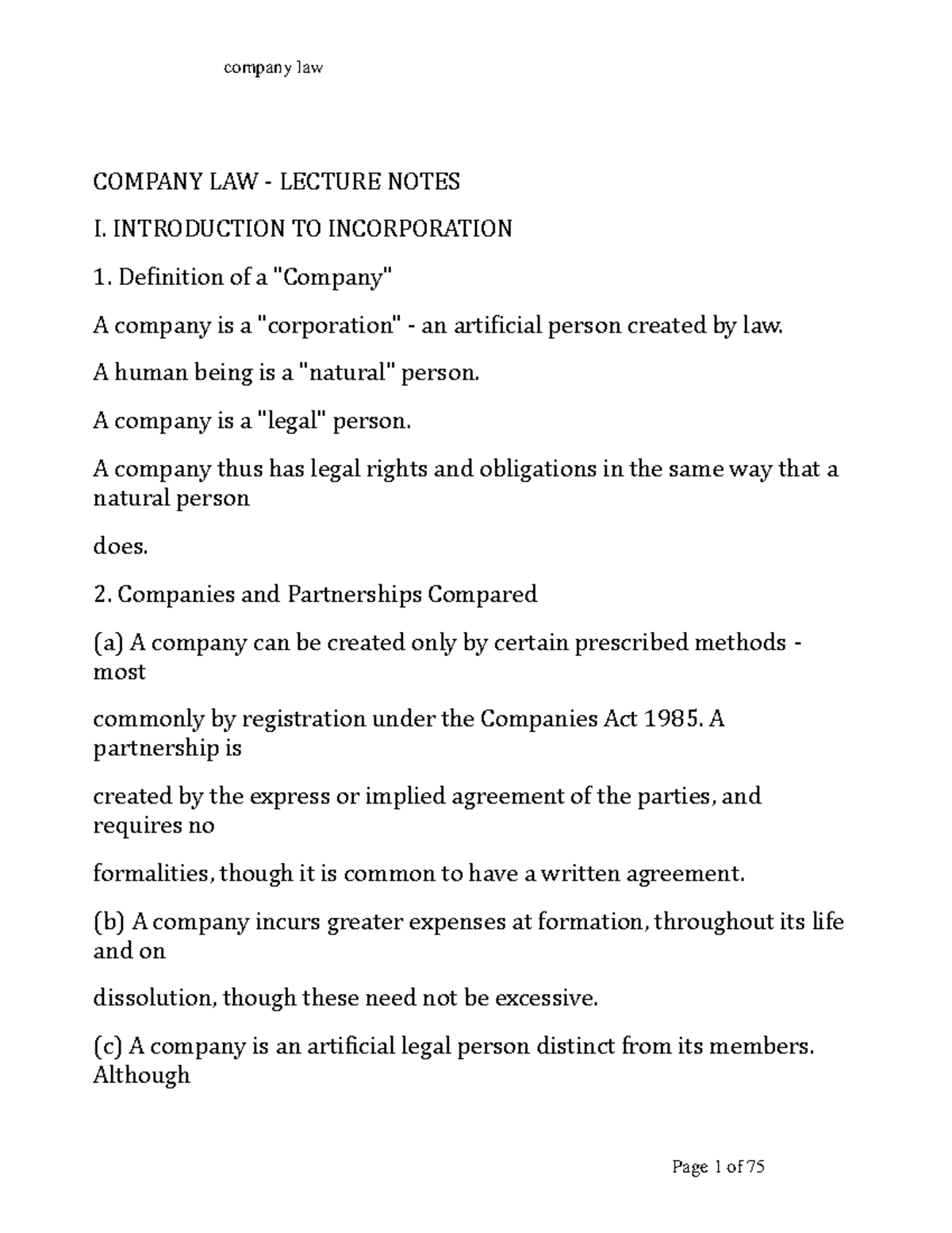 Company LAW - COMPANY LAW - LECTURE NOTES I. INTRODUCTION TO ...