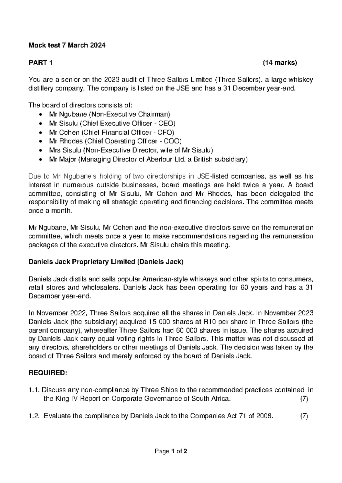 Mock Test Question Page 1 of 2 Mock test 7 March 2024 PART 1 ( 14