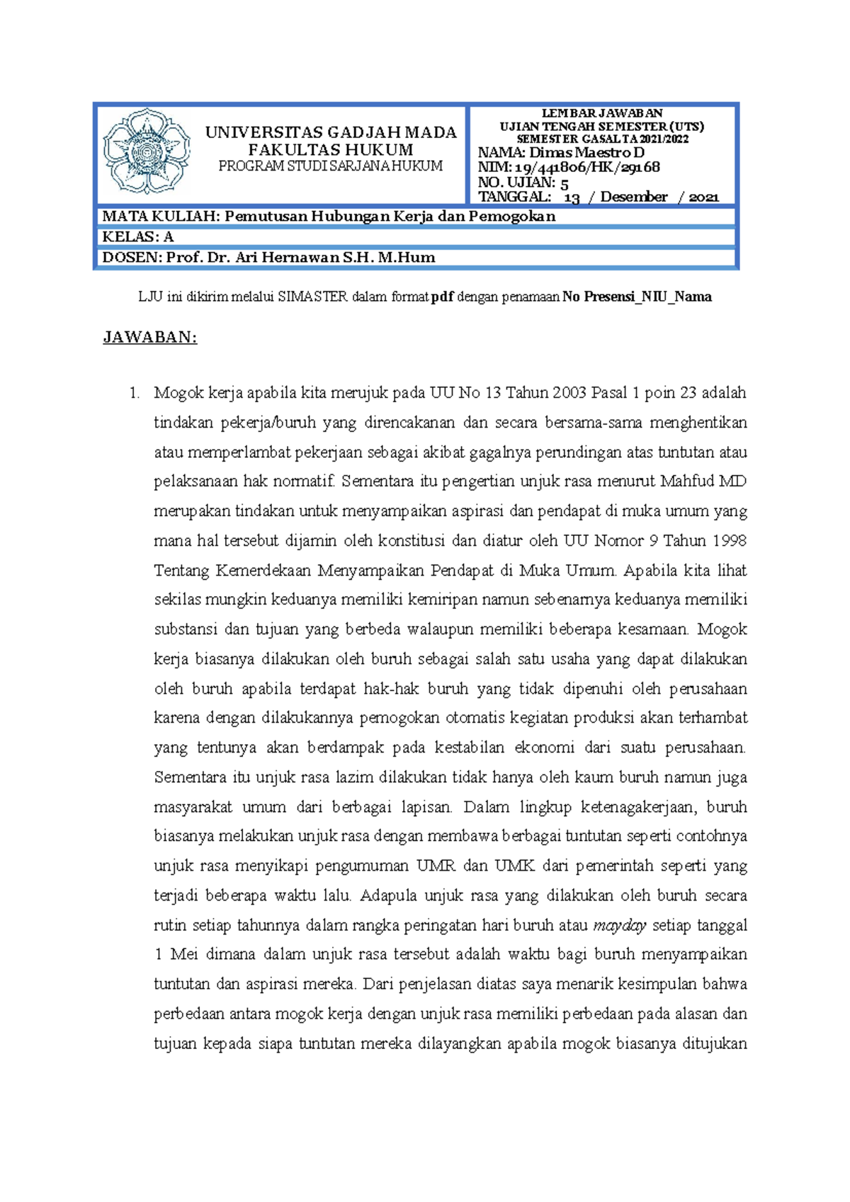 Ujian Akhir Semester Pemutusan Hubungan Kerja - UNIVERSITAS GADJAH MADA ...