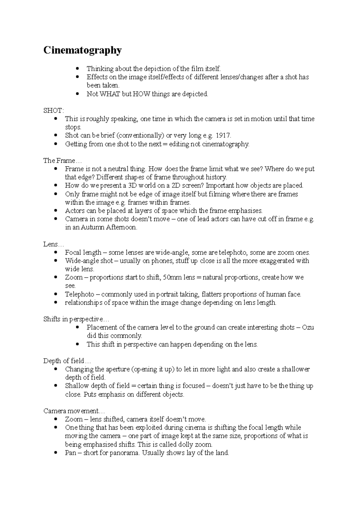 Cinematography Lecture notes Cinematography Thinking about the