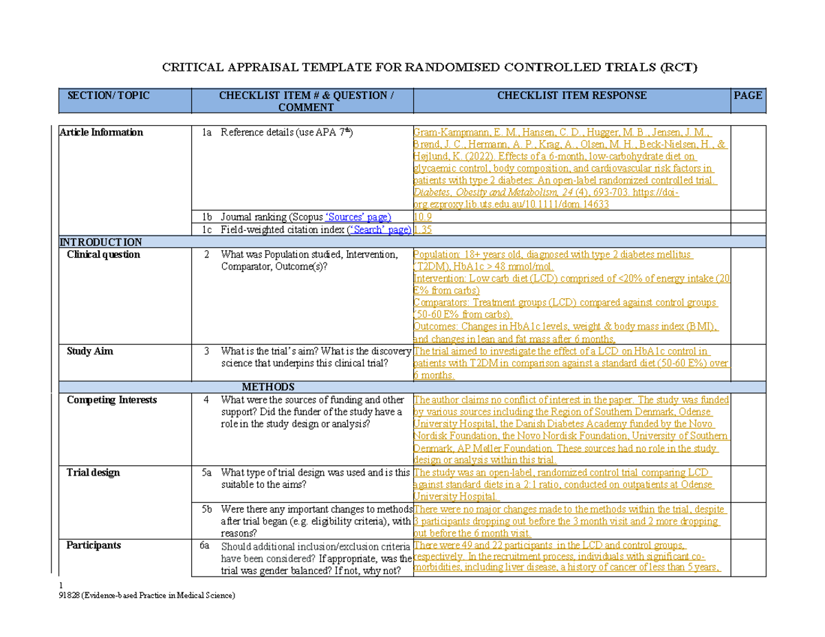 RCT Appraisal Template - CRITICAL APPRAISAL TEMPLATE FOR RANDOMISED ...
