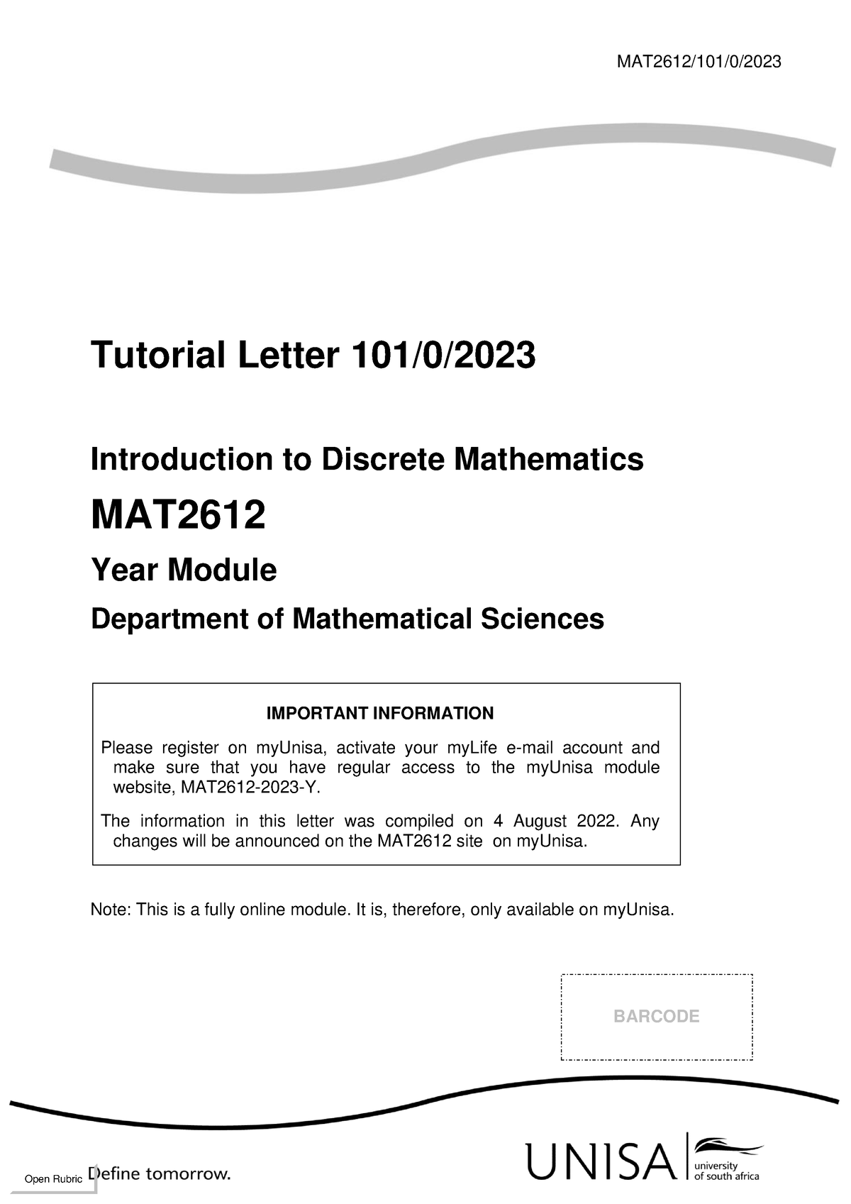 TL 101 2023 - Tutorial Letter Explaining What Are The Expected Outcomes ...