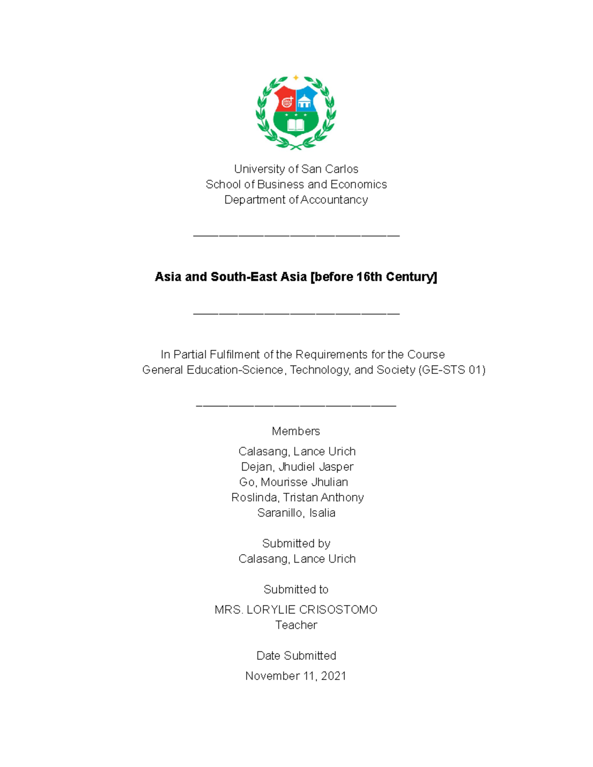 Assignment Context Asia and South-East Asia [before 16th Century ...