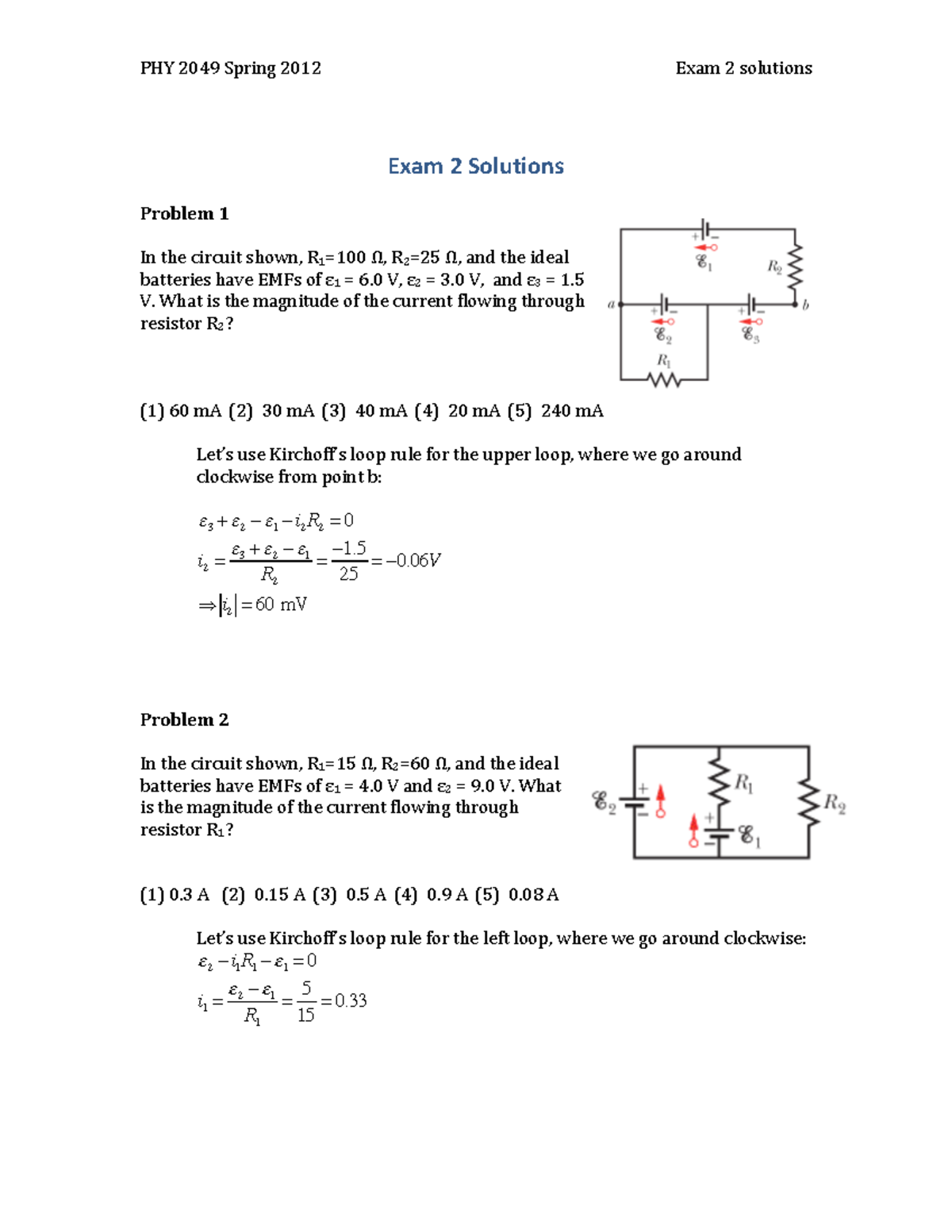 Exam2sol - solution - Exam 2 Solutions **Problem ** In the circuit ...