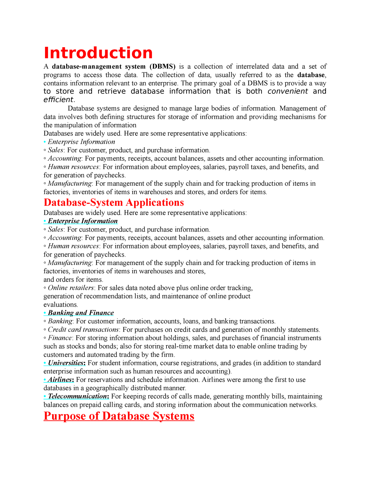 DBMS UNIT-I - Notes - Introduction A Database-management System (DBMS ...