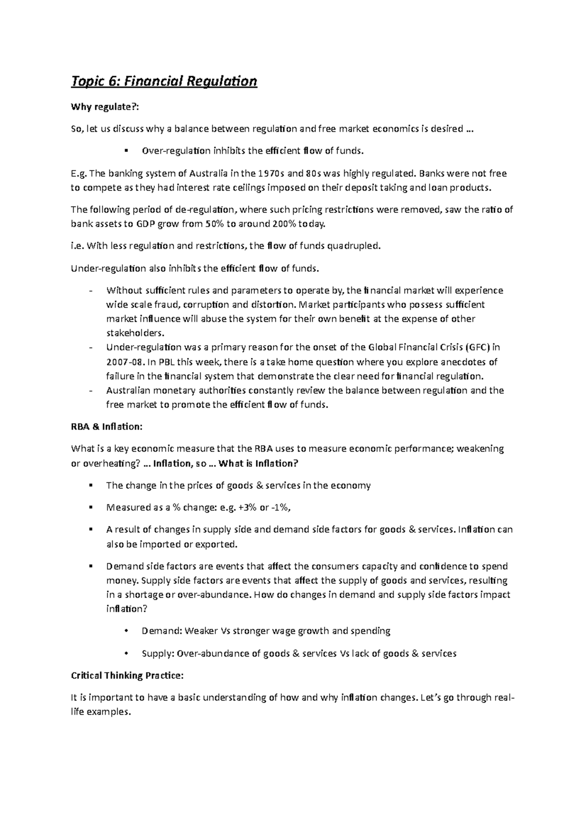 Topic 6 - Topic 6: Financial Regulation Why regulate?: So, let us ...