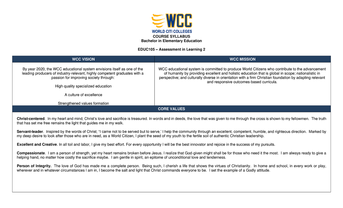 Assessment in Learning 2 - CORE VALUES Christ-centered. In my heart and ...