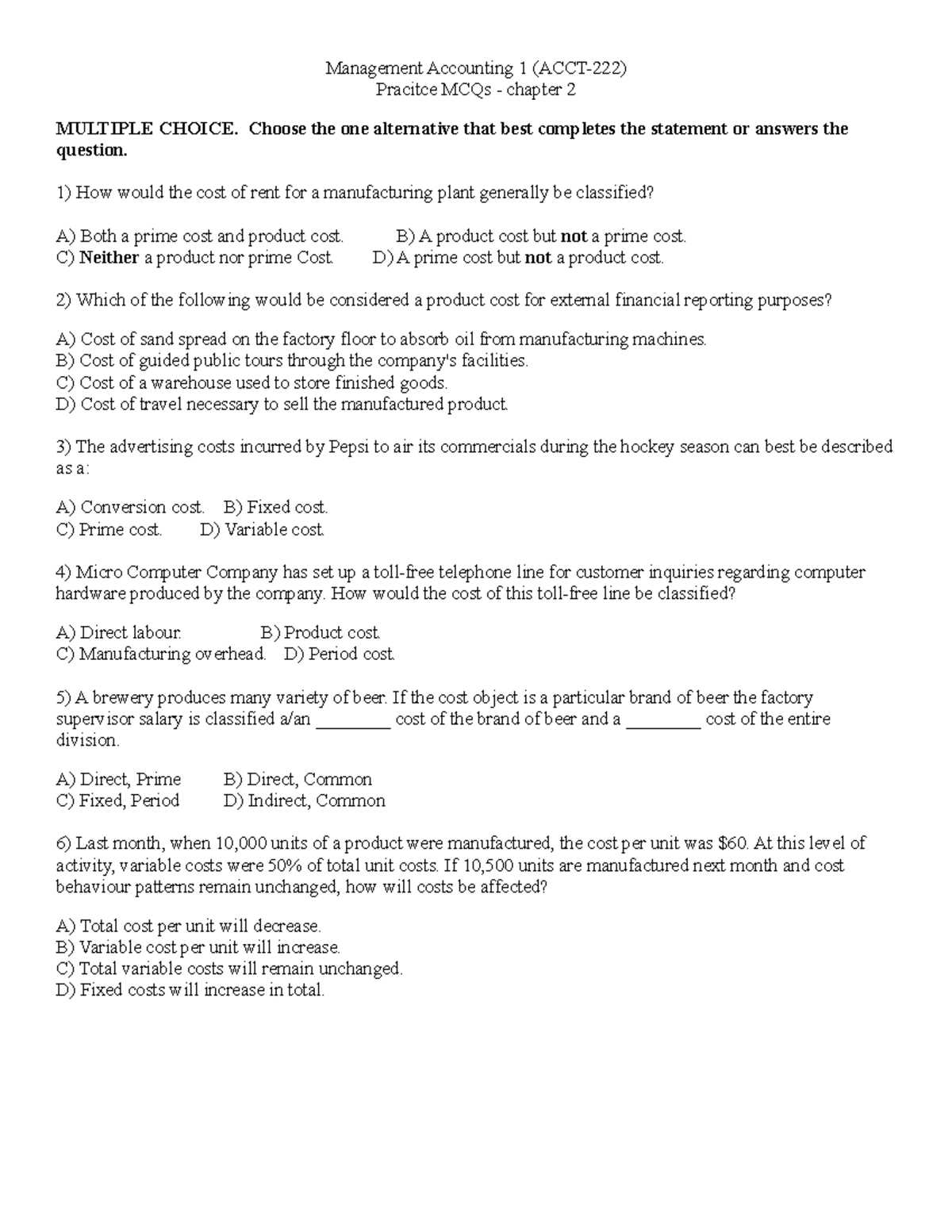 Practice exercises for chapter 2 - Management Accounting 1 (ACCT-222 ...