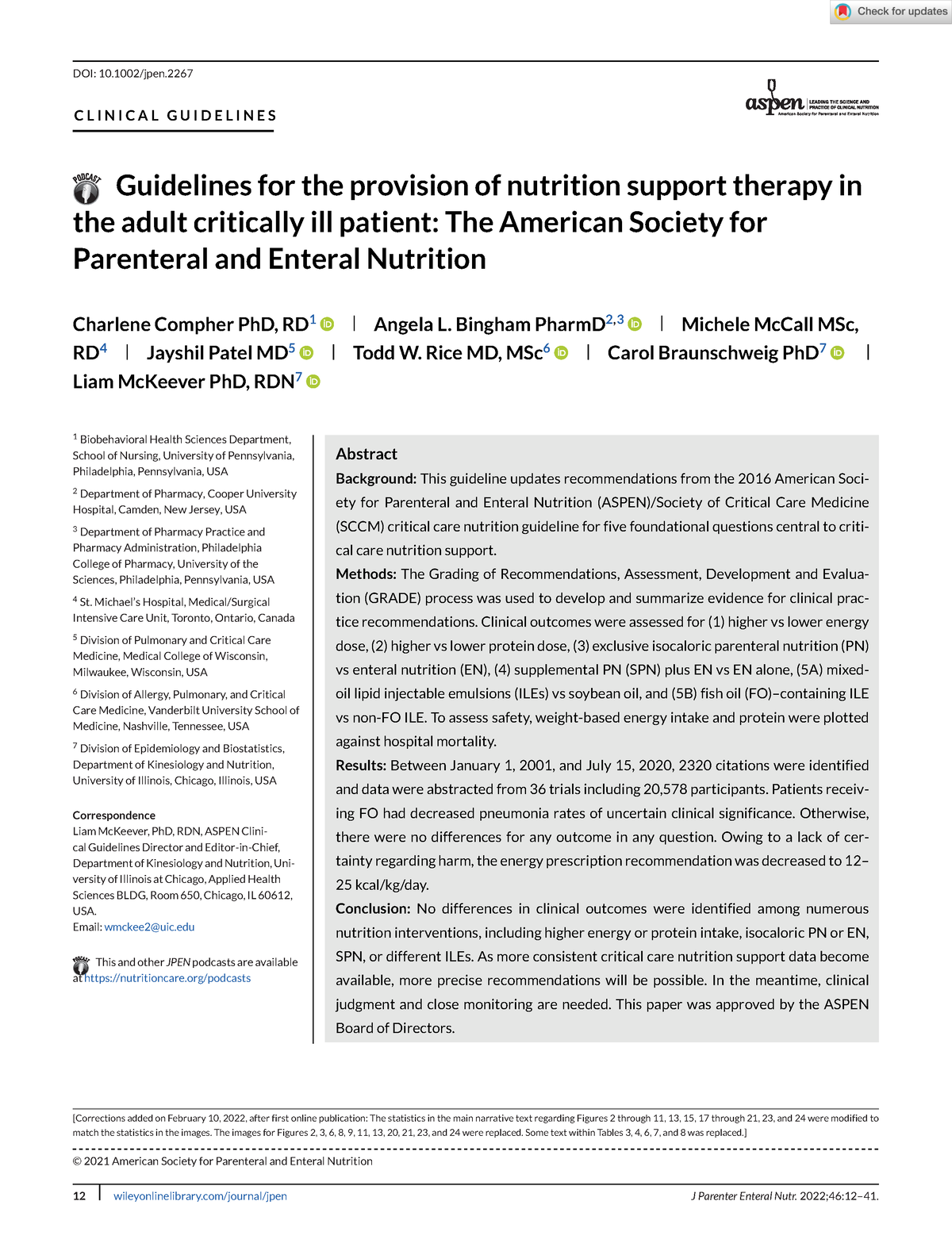 J Parenter Enteral Nutr - 2021 - Compher - Guidelines For The Provision ...