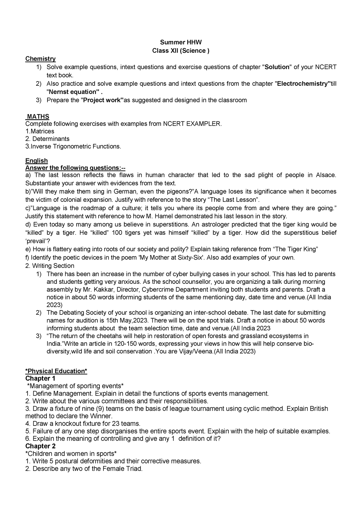 Summer HHW XII SCI - Summer HHW Class XII (Science ) Chemistry 1) Solve ...