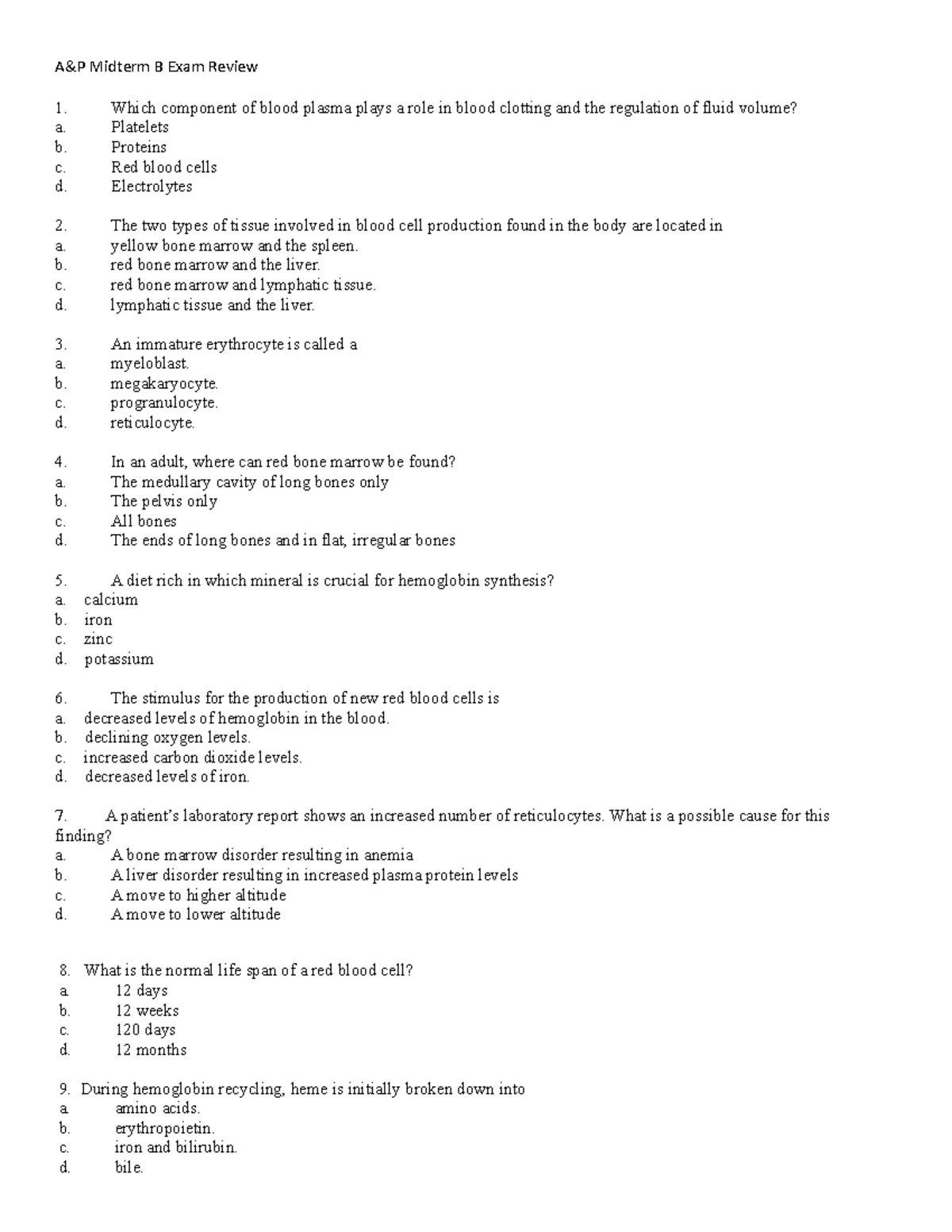 Midterm, Questions - A&P Midterm B Exam Review Which Component Of Blood ...