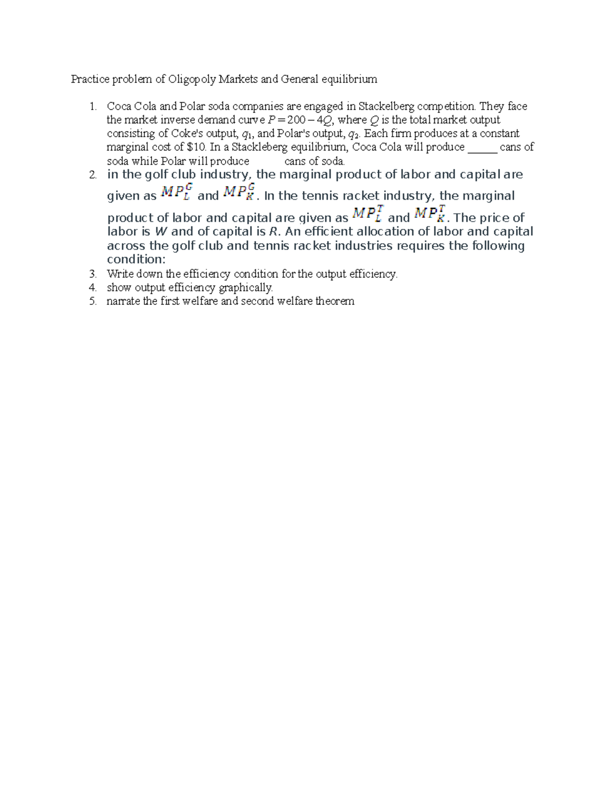Practice problem on Oligopoly and General equilibrium - Practice ...