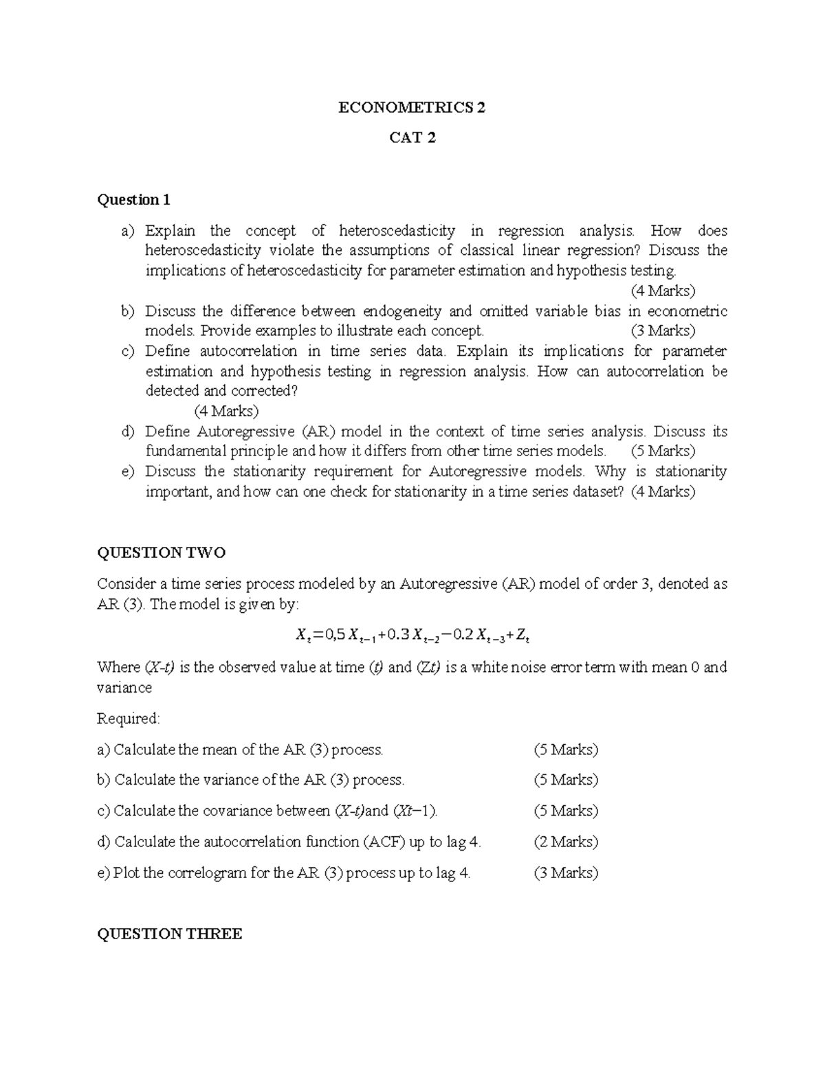 Econometrics 2 - ECONOMETRICS 2 CAT 2 Question 1 a) Explain the concept ...