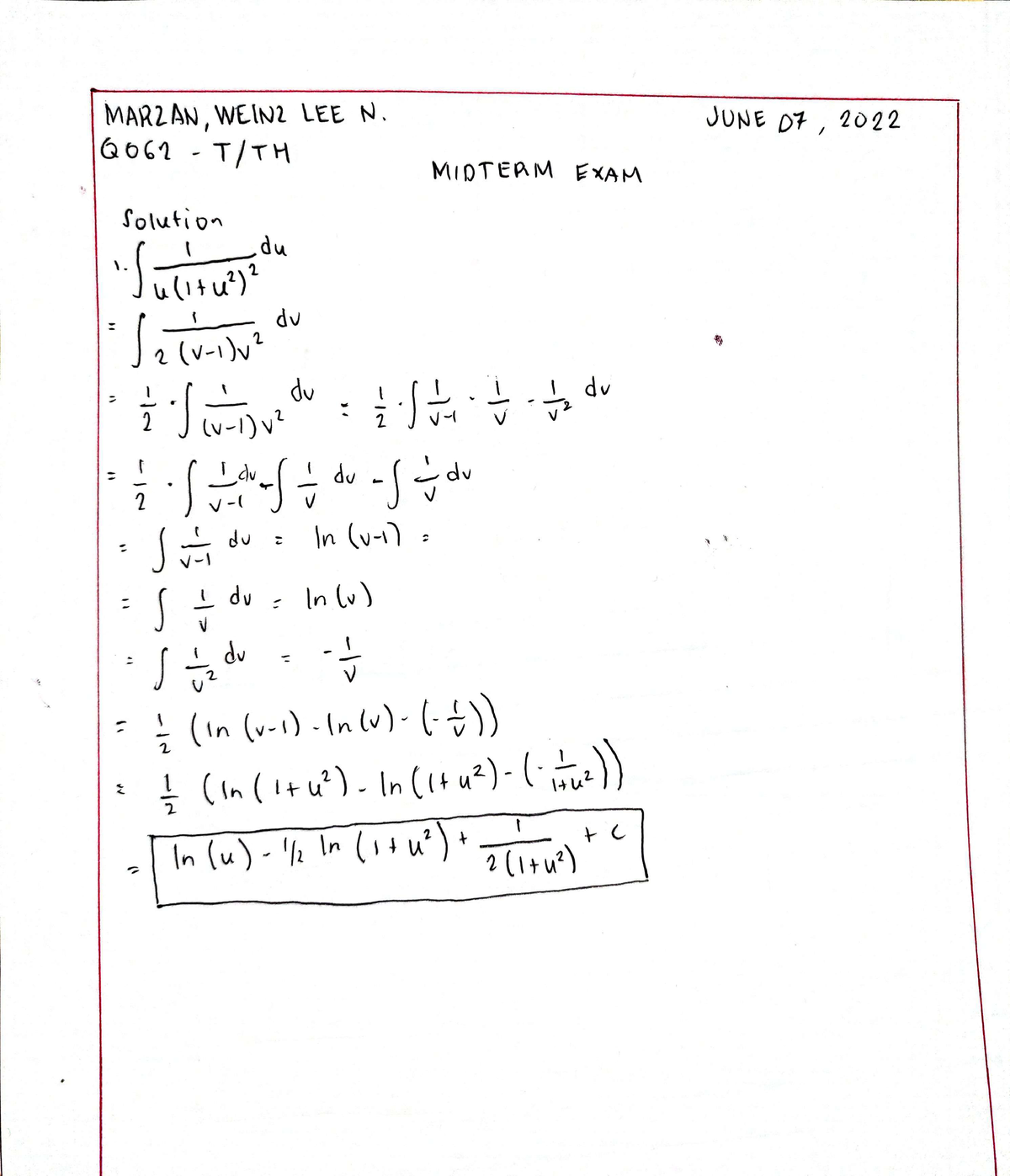 Midterm EXAM (Solution) - Calculus 2 - Studocu