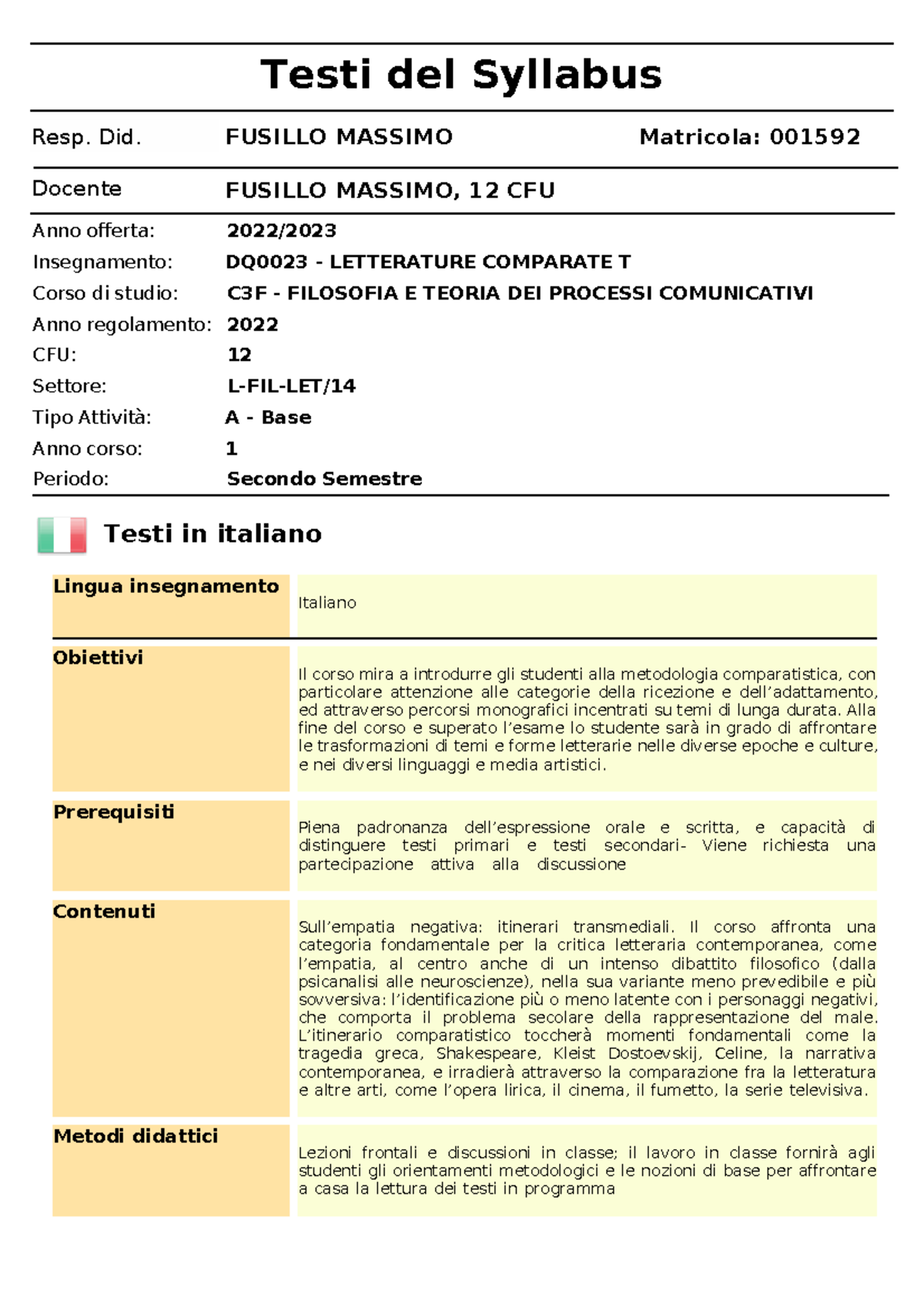 Fusillo-DQ0023 - Letterature Comparate T - Testi del Syllabus Resp. Did ...