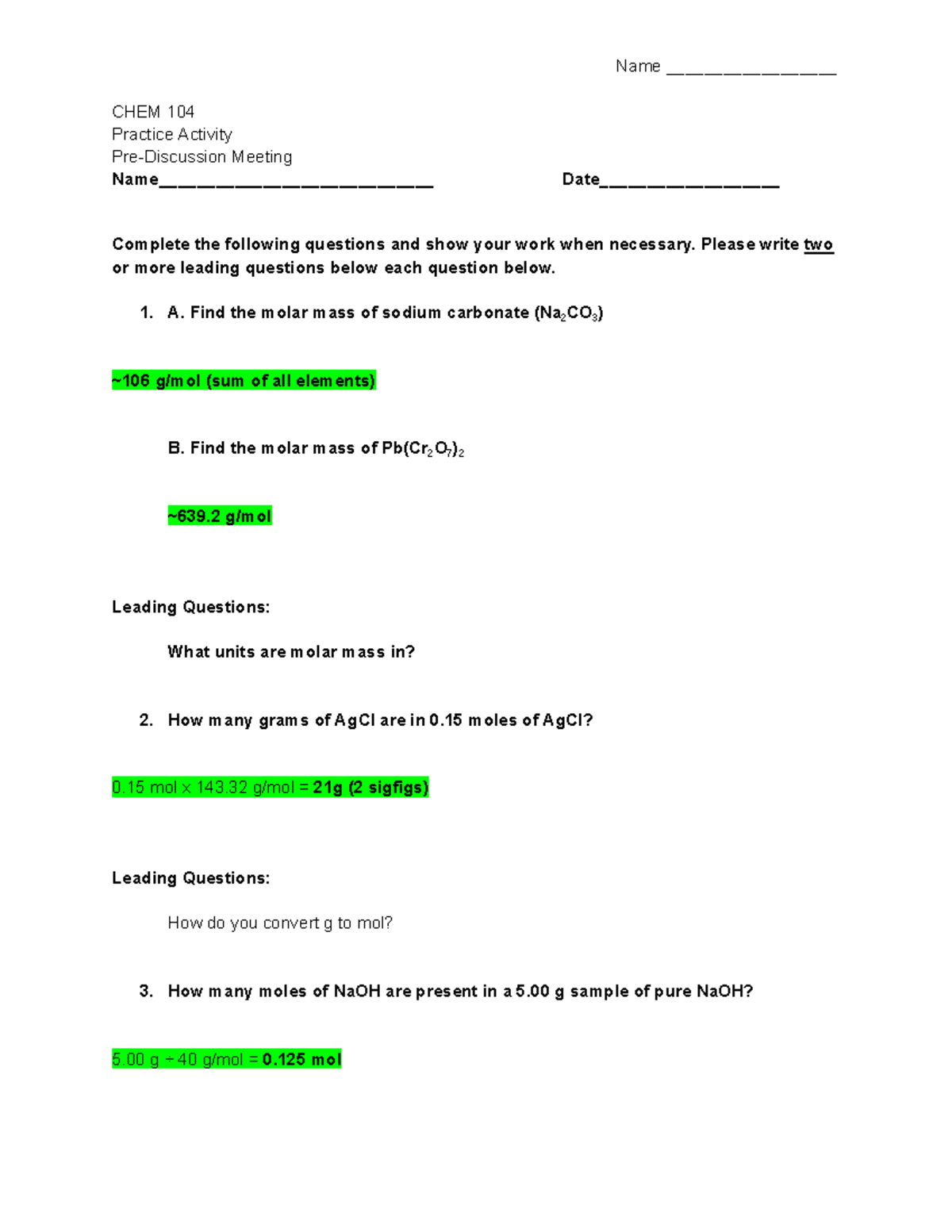 KEY Discussion Problems WC3 - Name __________________ CHEM 104 Practice ...