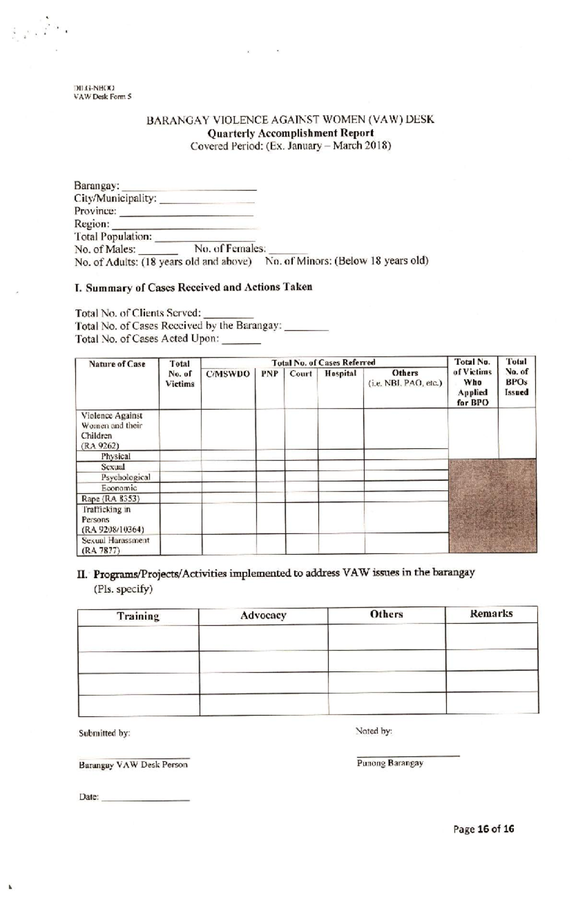 4.1.4 VAW Desk Form 5 - Notes - VAW Desk Form 5 BARANGAY VIOLENCE ...