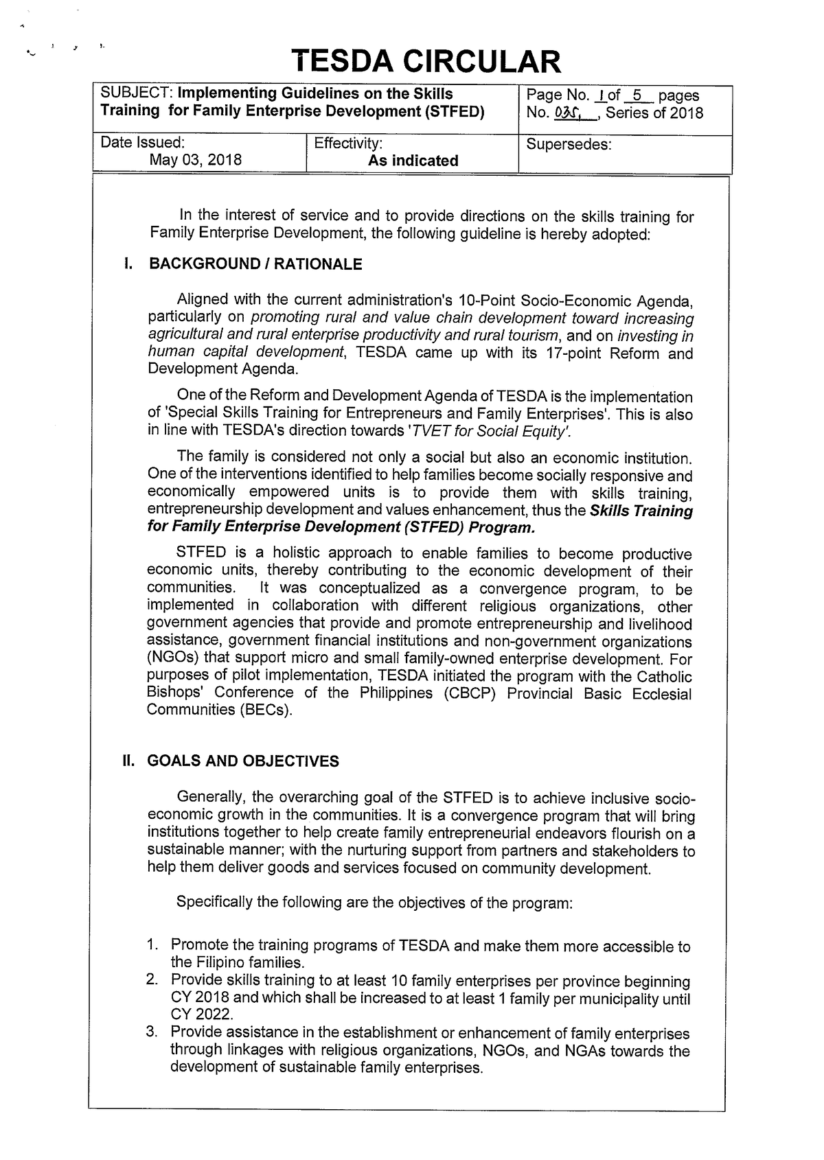 Tesda Circular No. 035-2018 - R 7- TESDA CIRCULAR SUBJECT: Implementing ...