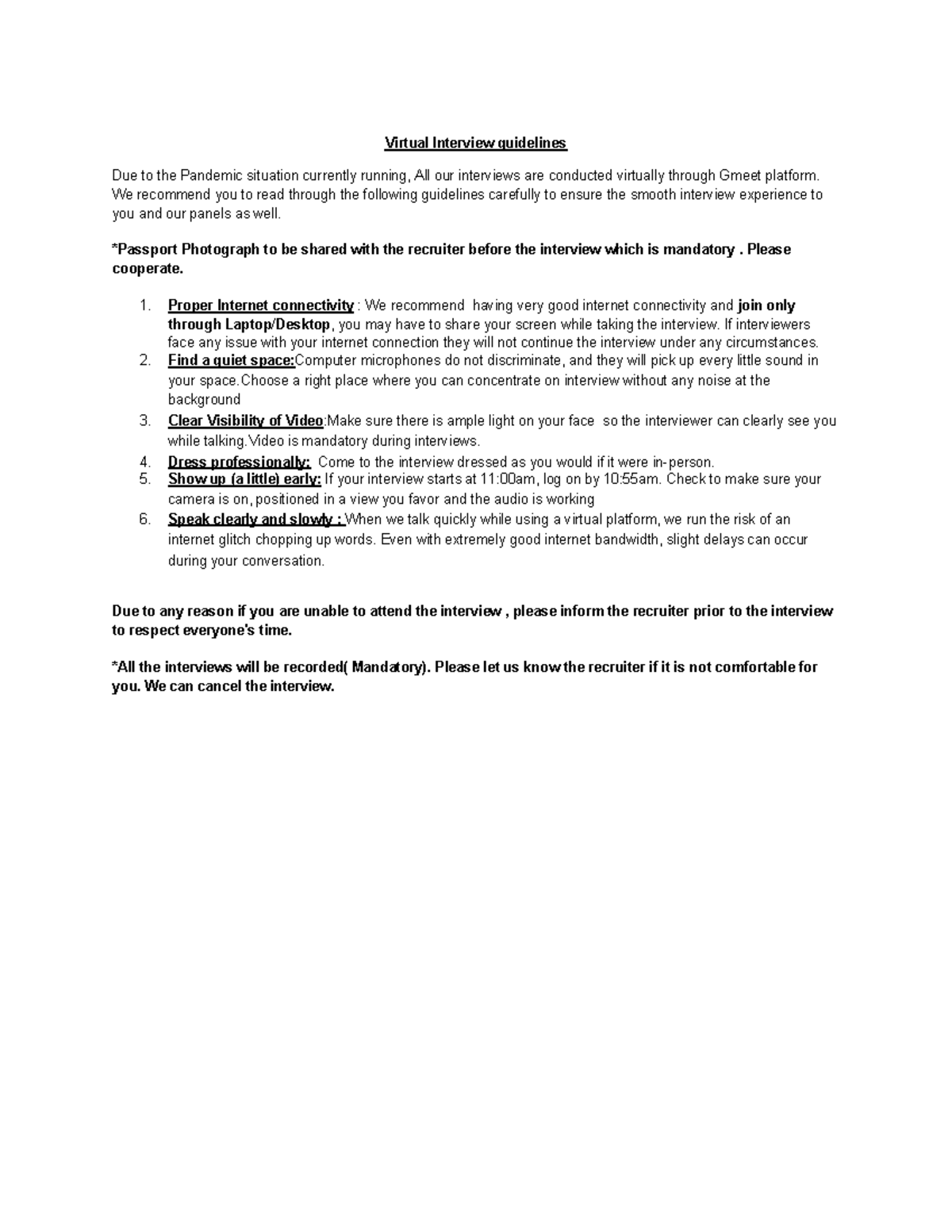 Virtual Interview guidelines - We recommend you to read through the ...