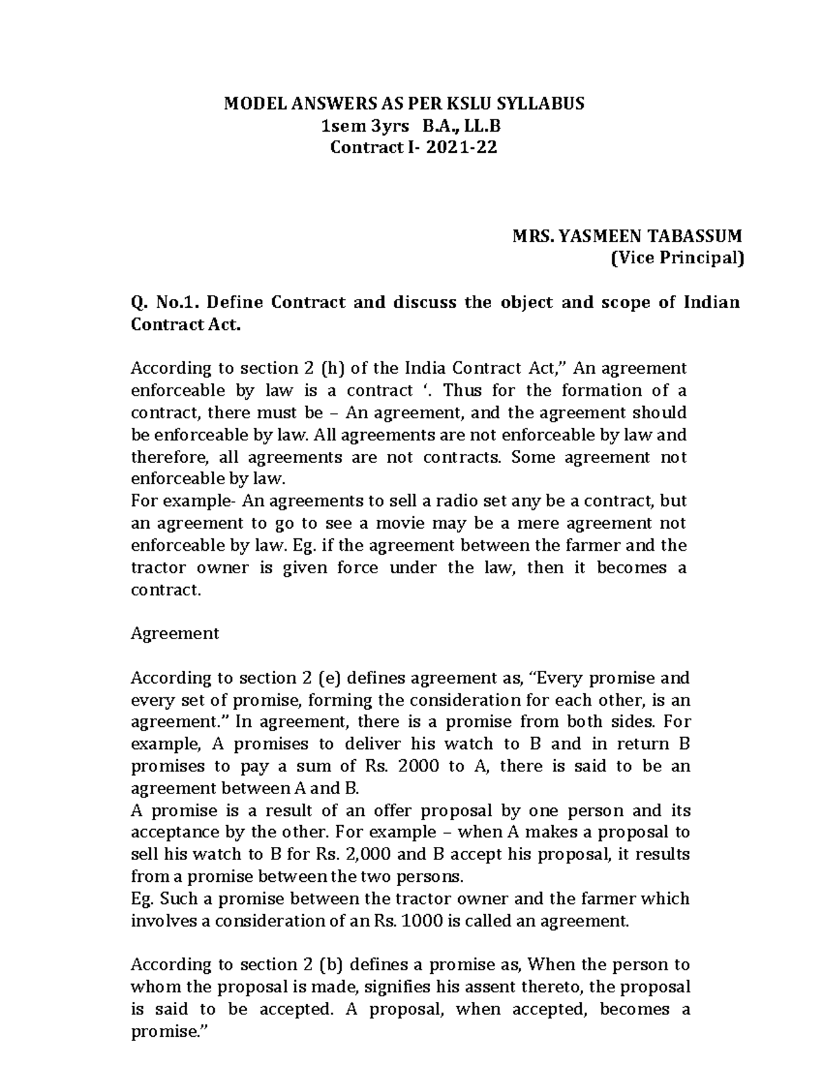 Contract 1 Model Answers 22 - MODEL ANSWERS AS PER KSLU SYLLABUS 1sem ...