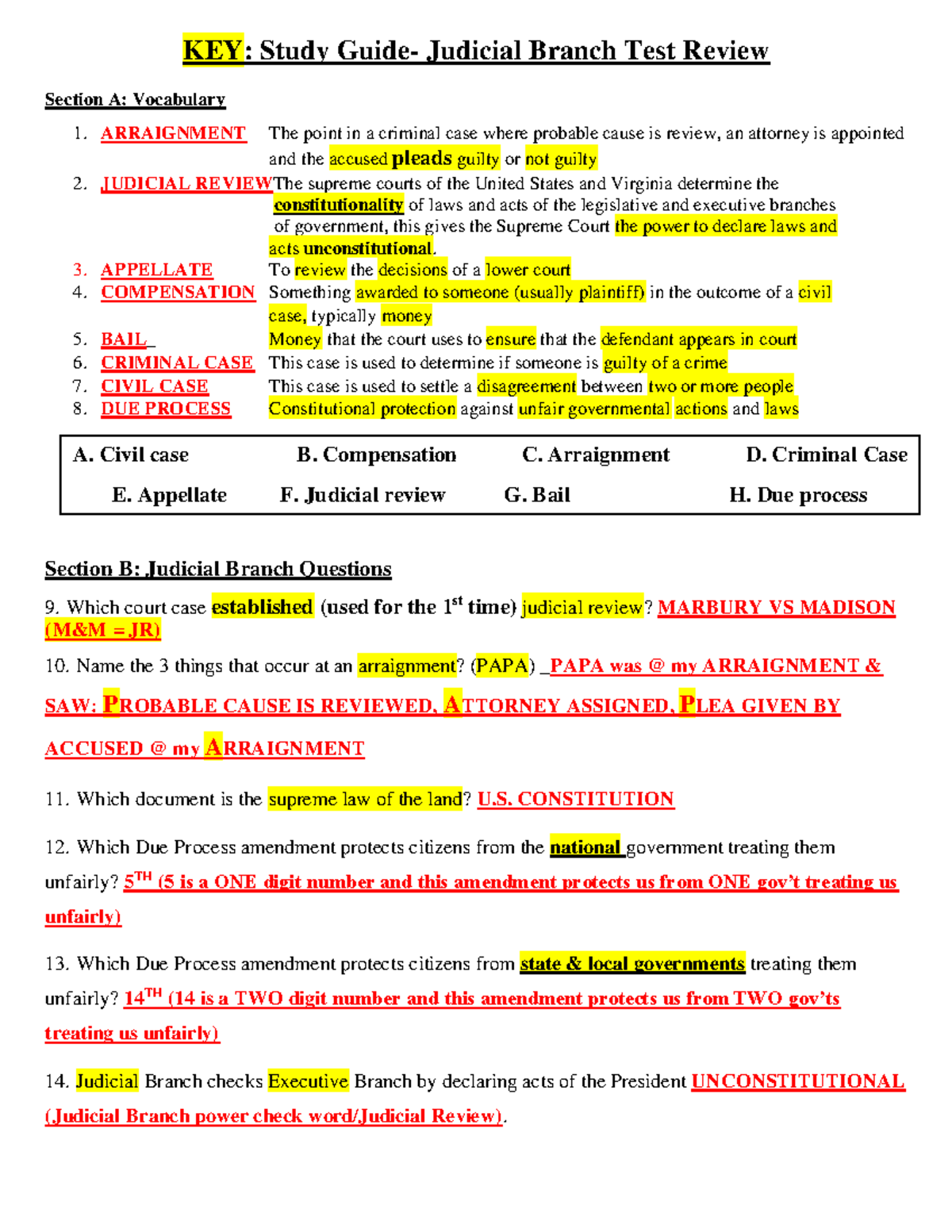 KEY Study Guide Judicial Branch Test Review 2023 2024 KEY Study