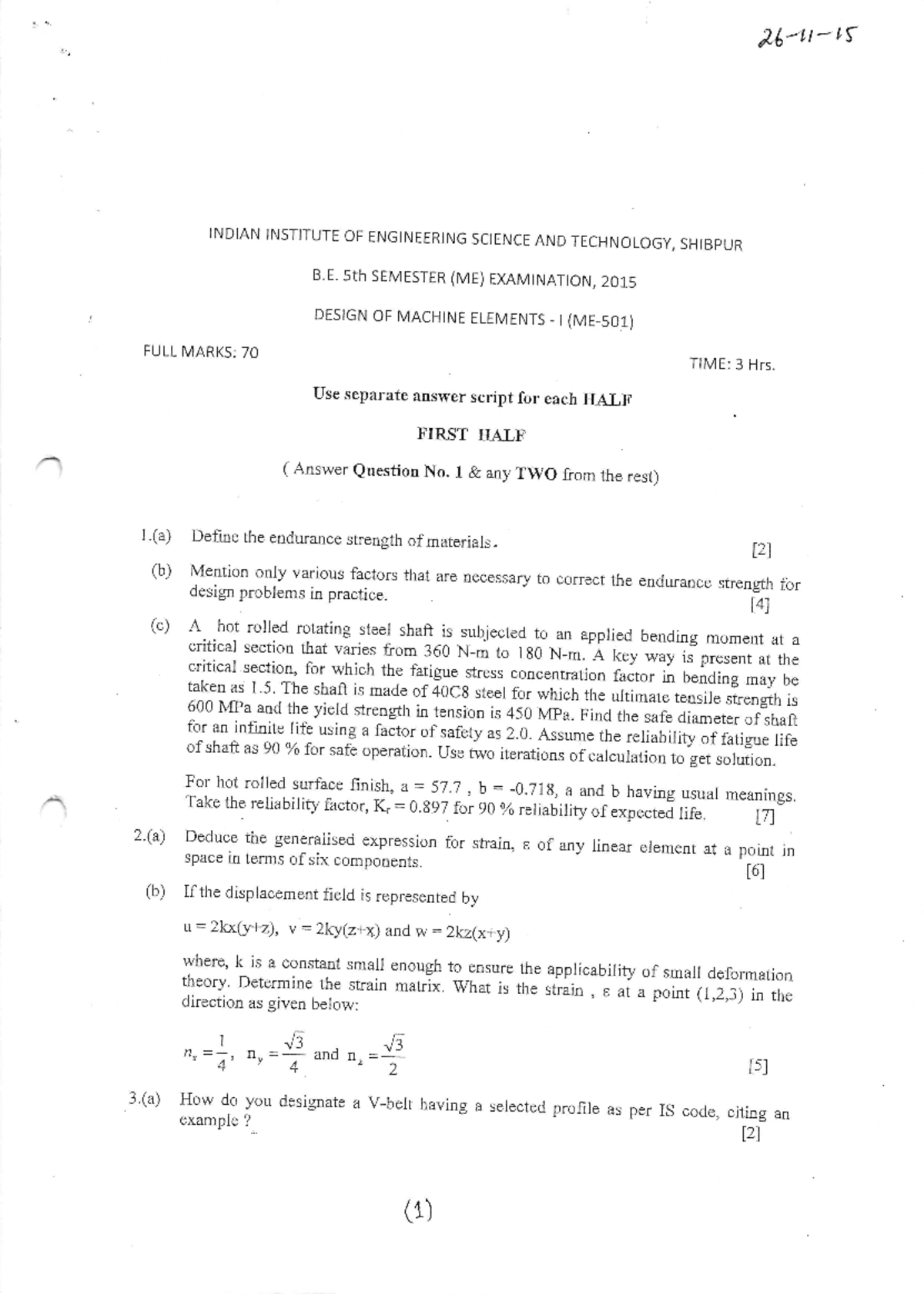 2015 ME 501 - 5th Sem Final QP. - Design of Machine Elements - Studocu