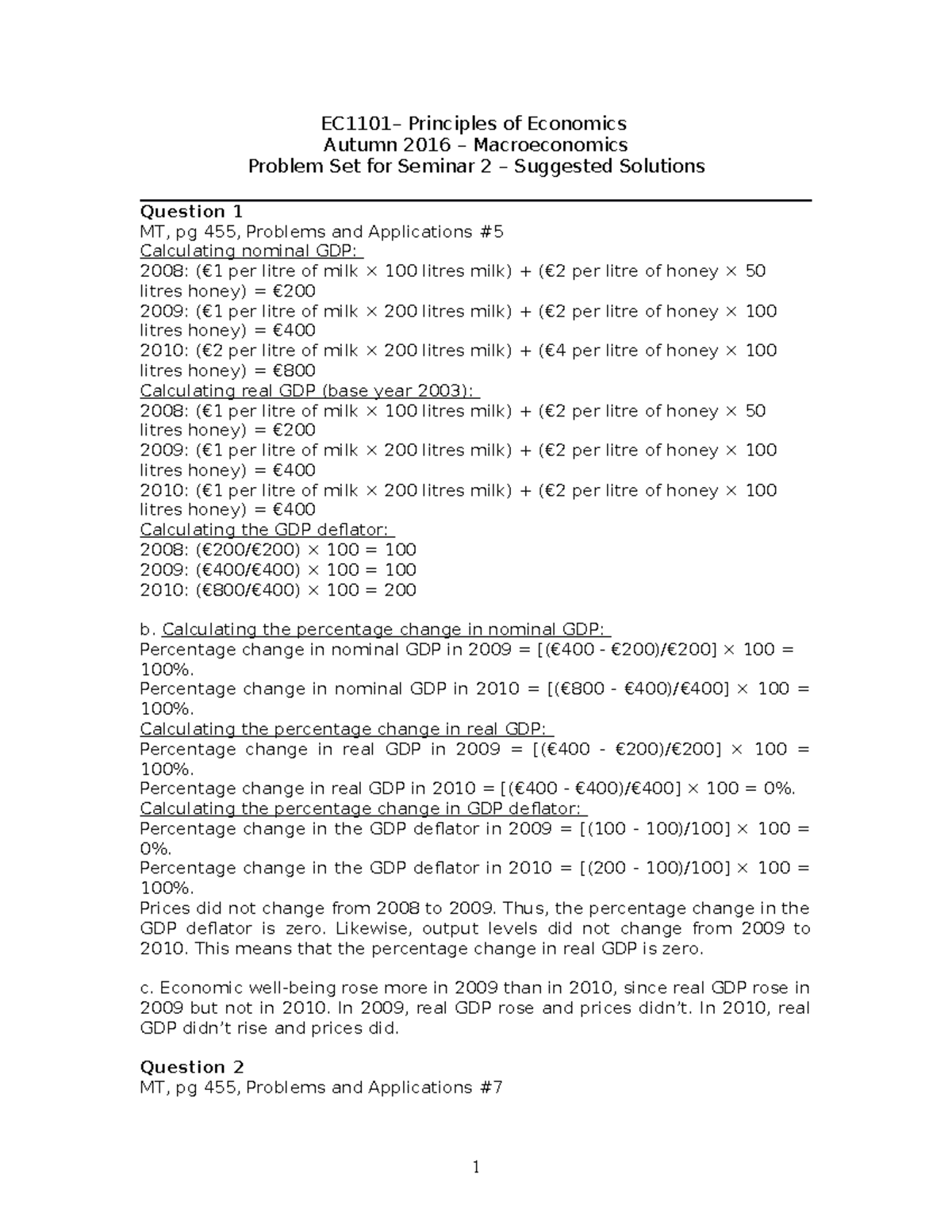 EC1101 PS 2 - Solutions - Seminar Problem Set Solution - EC1101 ...