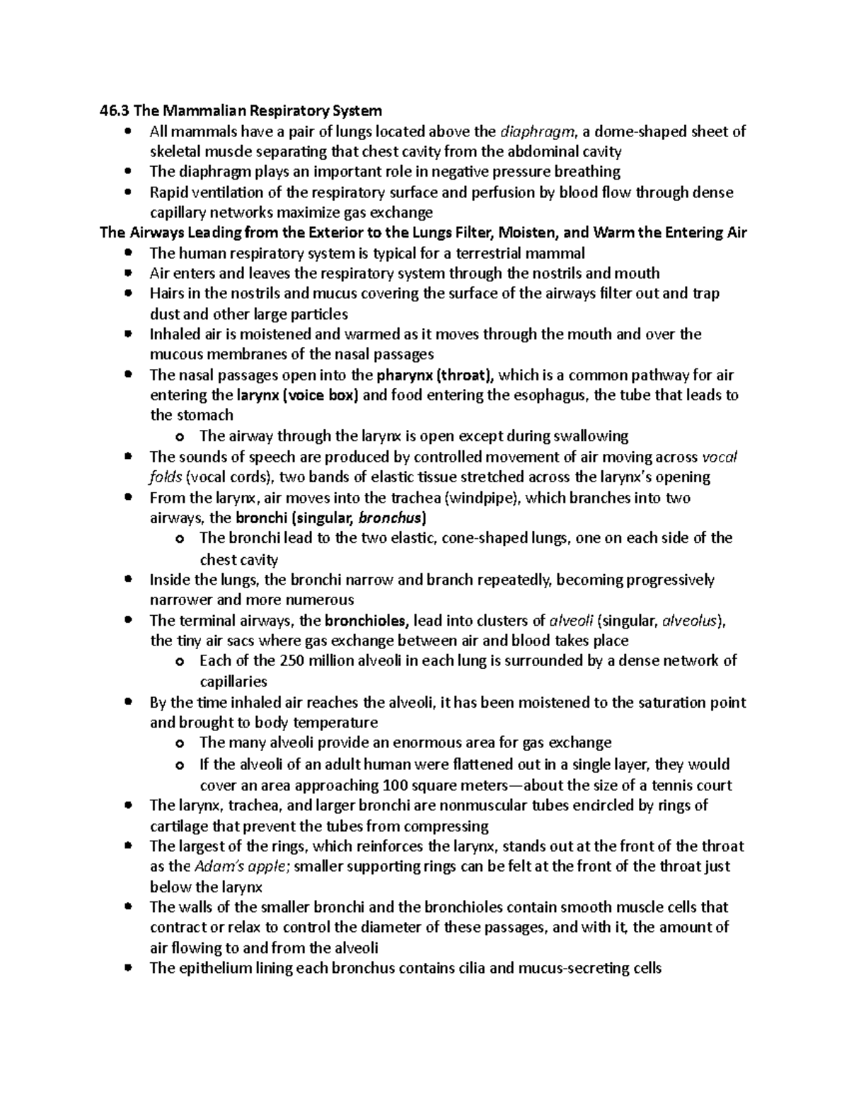 46.3-46.4 bio 1107 - 46 The Mammalian Respiratory System All mammals ...