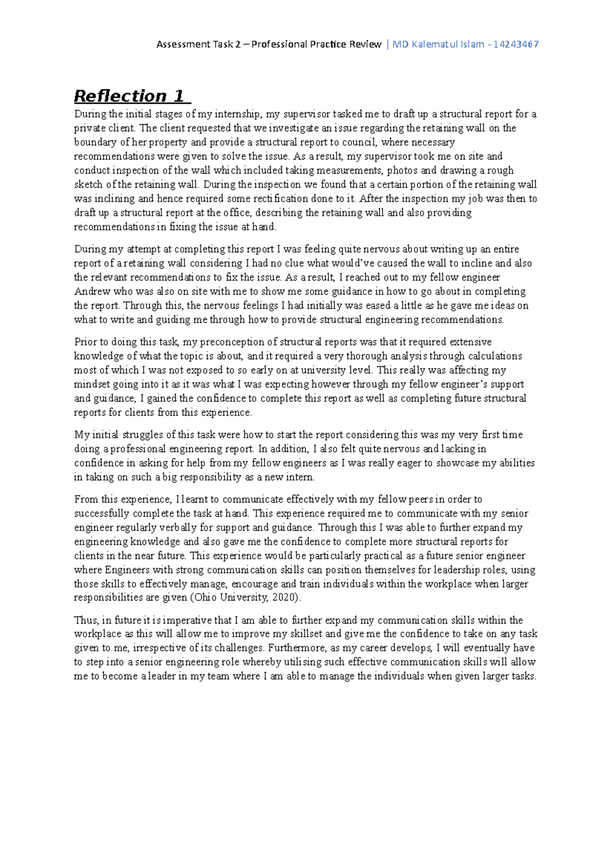 Assessment task 2 - Proffesional Practice Review - Reflection 1 During ...